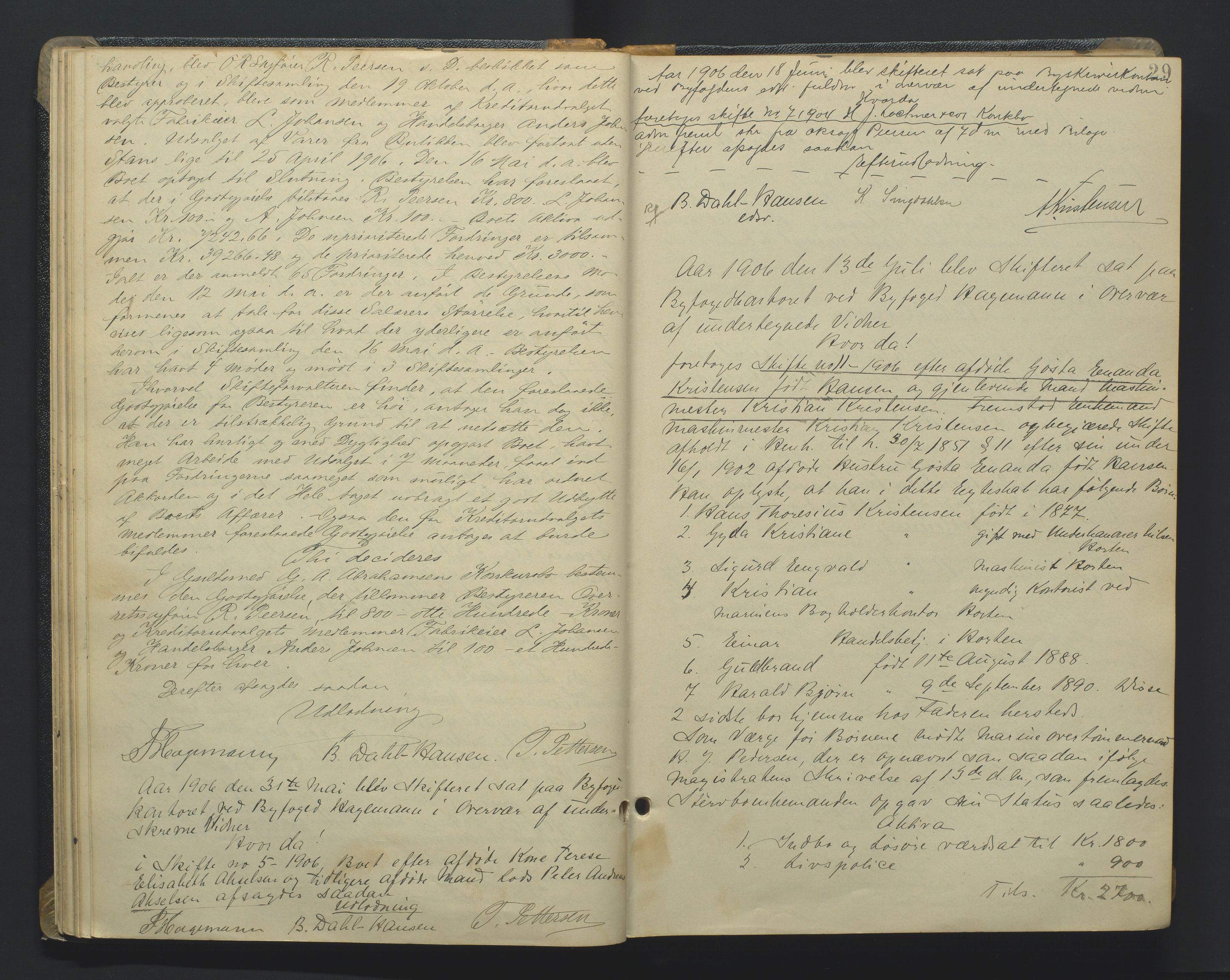 Kristiansand byrett, AV/SAK-1223-0001/H/Hc/L0048: Skifteforhandlingsprotokoll nr. 8, med register, 1905-1913, p. 29