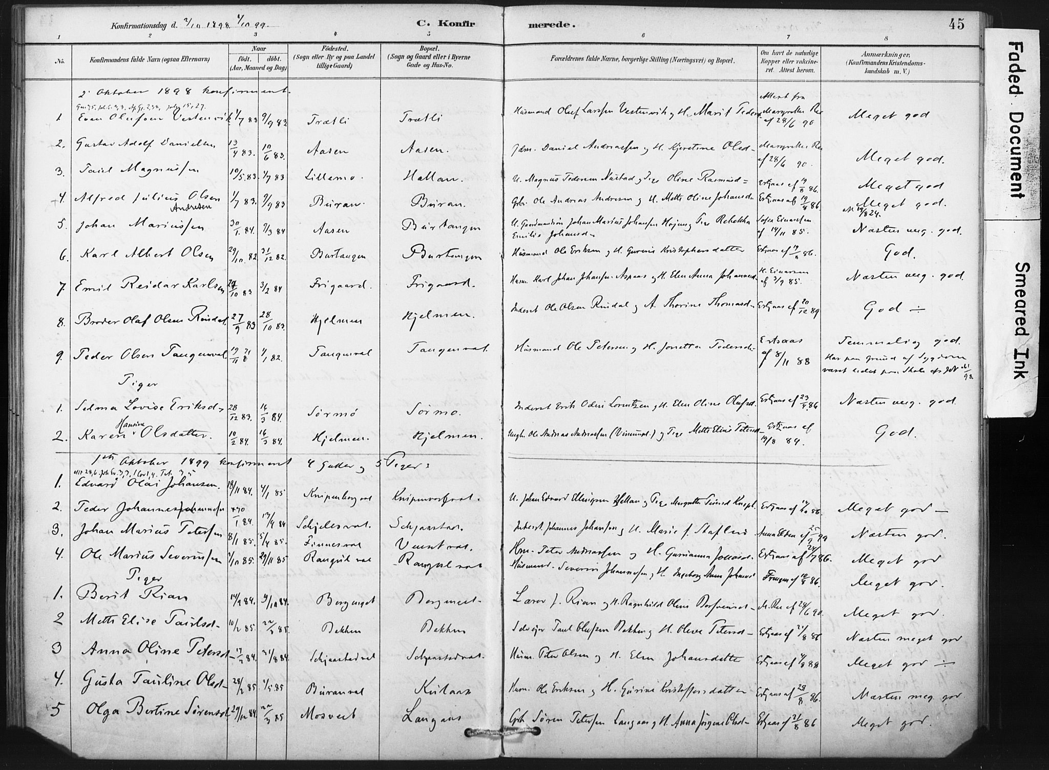 Ministerialprotokoller, klokkerbøker og fødselsregistre - Nord-Trøndelag, AV/SAT-A-1458/718/L0175: Parish register (official) no. 718A01, 1890-1923, p. 45