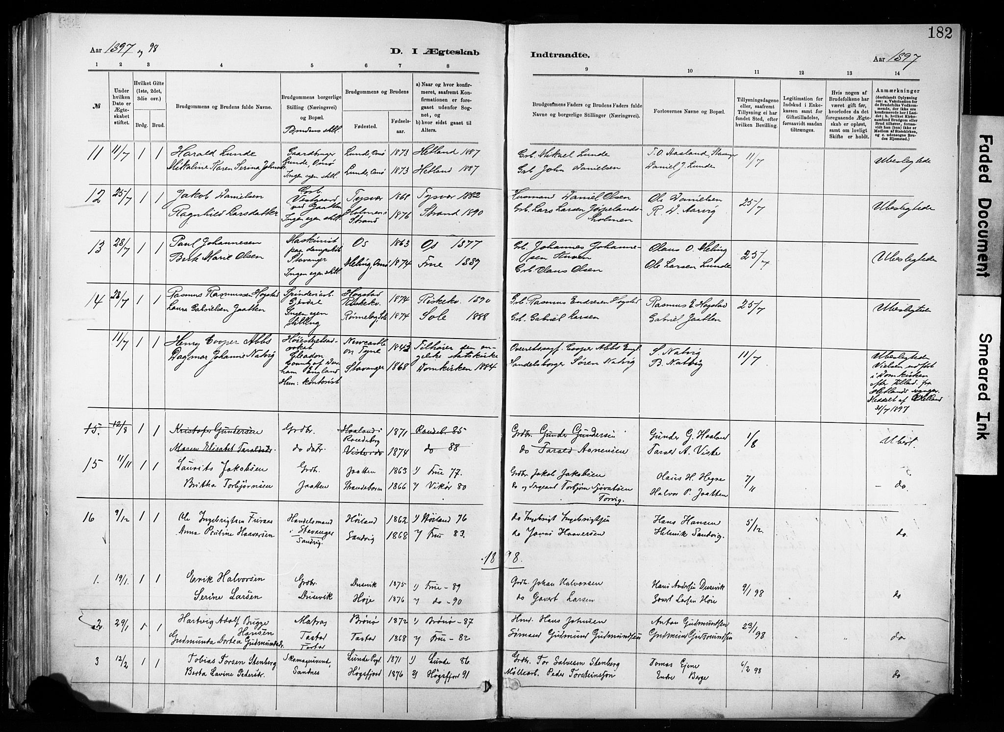 Hetland sokneprestkontor, SAST/A-101826/30/30BA/L0011: Parish register (official) no. A 11, 1884-1911, p. 182