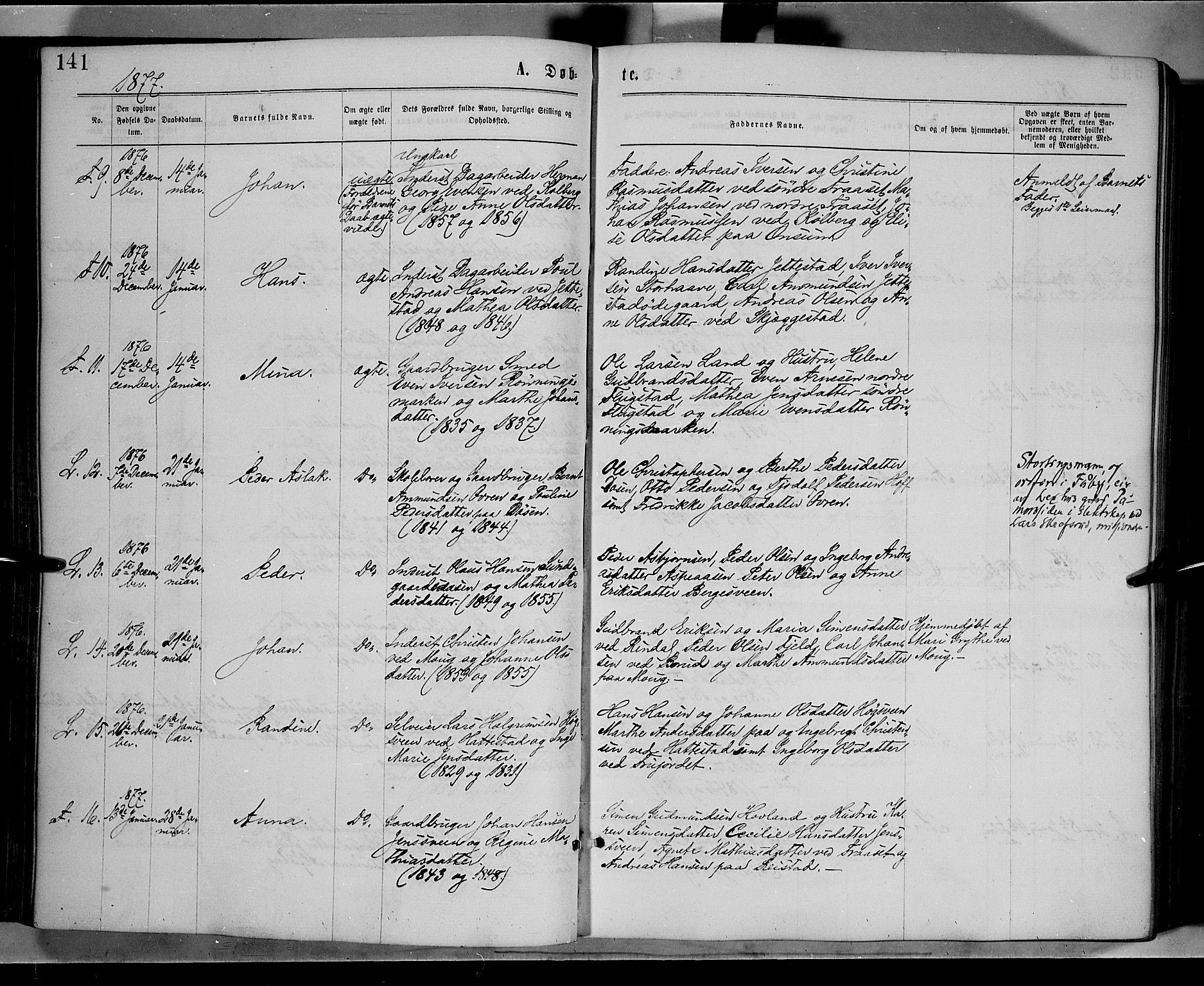 Fåberg prestekontor, AV/SAH-PREST-086/H/Ha/Haa/L0007: Parish register (official) no. 7, 1868-1878, p. 141