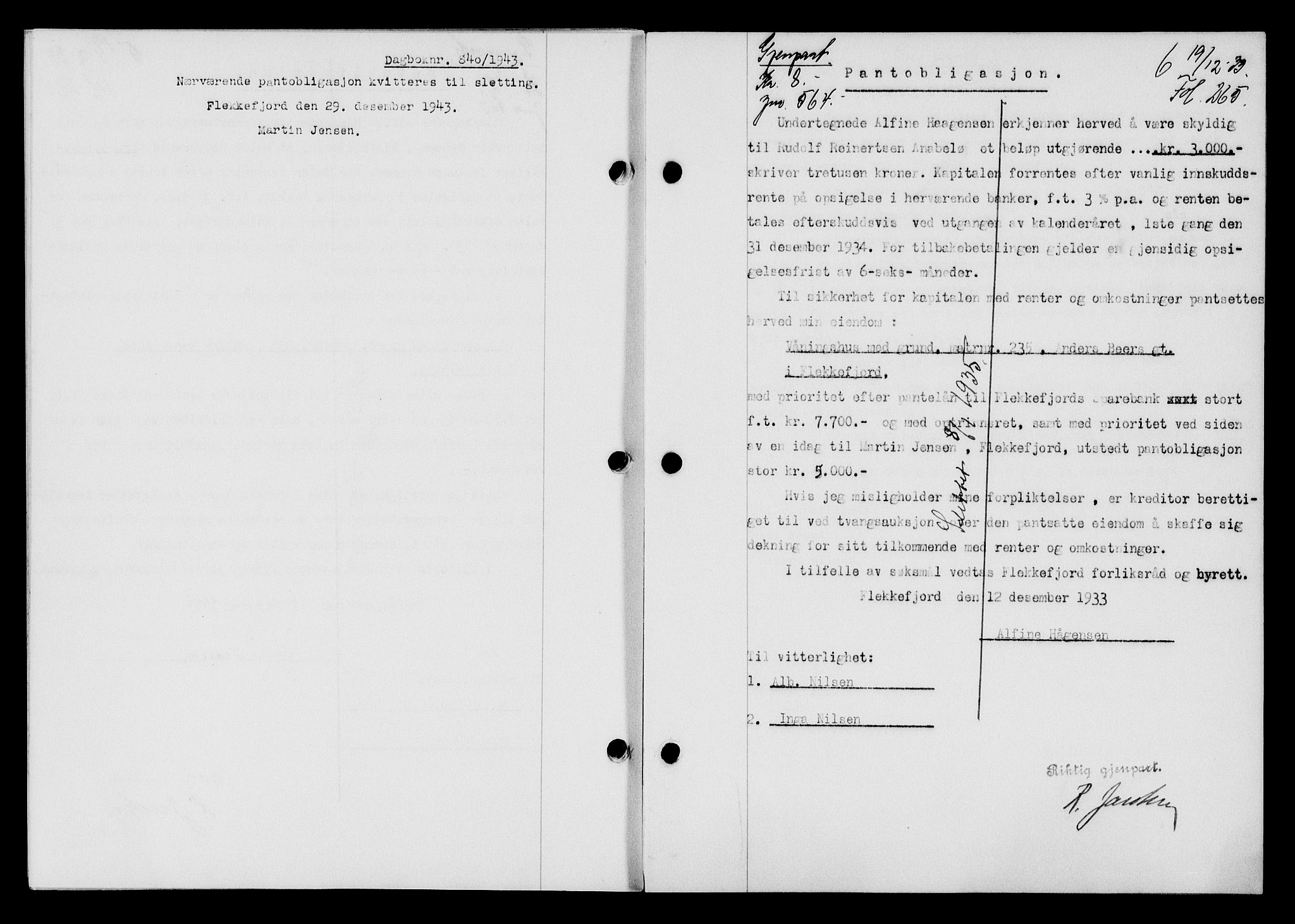 Flekkefjord sorenskriveri, AV/SAK-1221-0001/G/Gb/Gba/L0049: Mortgage book no. 46, 1933-1934, Deed date: 19.12.1933