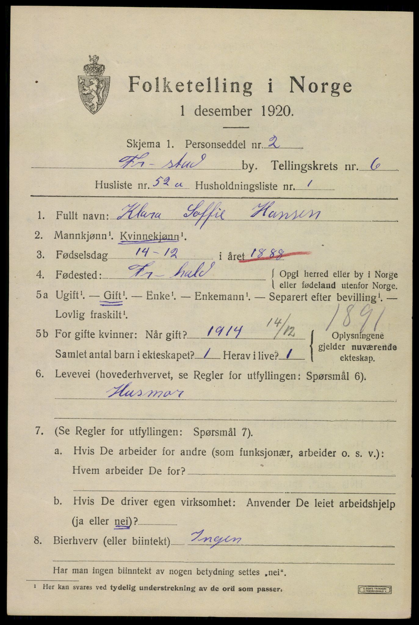 SAO, 1920 census for Fredrikstad, 1920, p. 21115