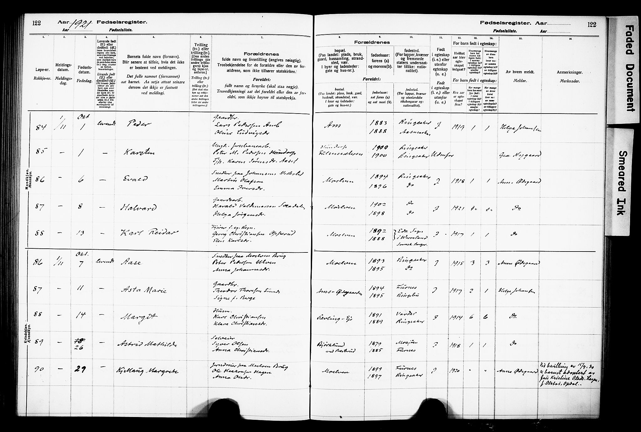 Ringsaker prestekontor, AV/SAH-PREST-014/O/Oa/L0001: Birth register no. 1, 1916-1925, p. 122