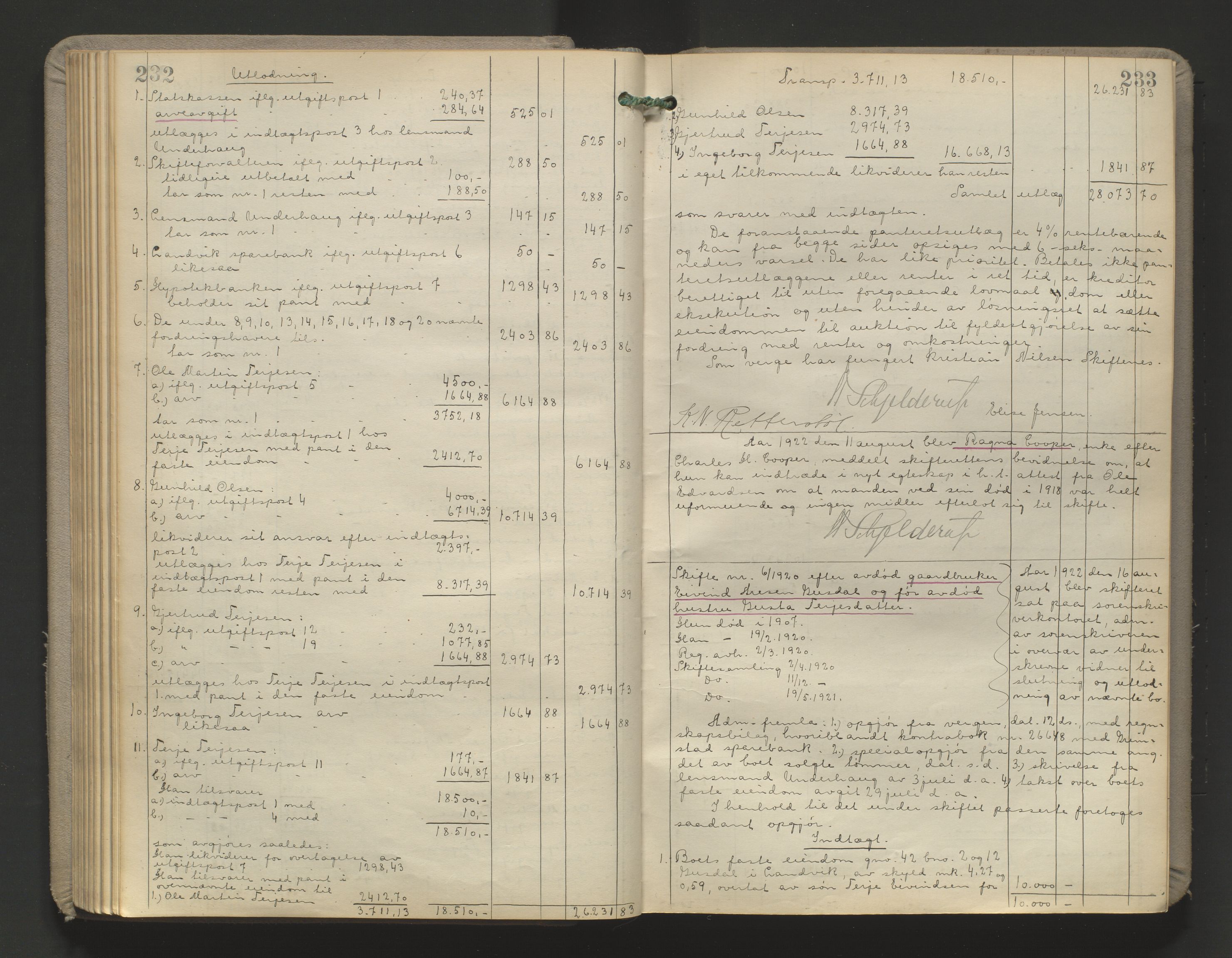 Vestre Nedenes/Sand sorenskriveri, AV/SAK-1221-0010/H/Hc/L0022: Skifteutlodningsprotokoll nr. 9, 1919-1932, p. 232-233