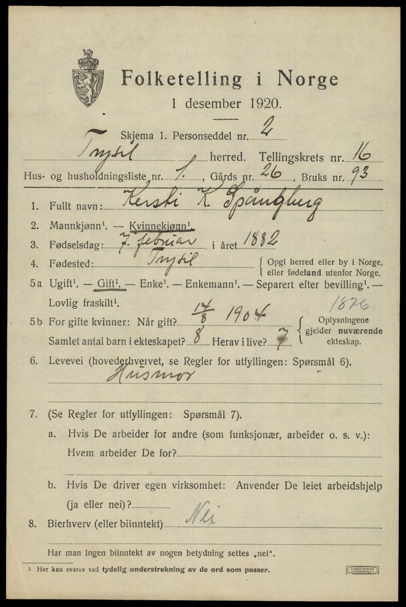 SAH, 1920 census for Trysil, 1920, p. 9423