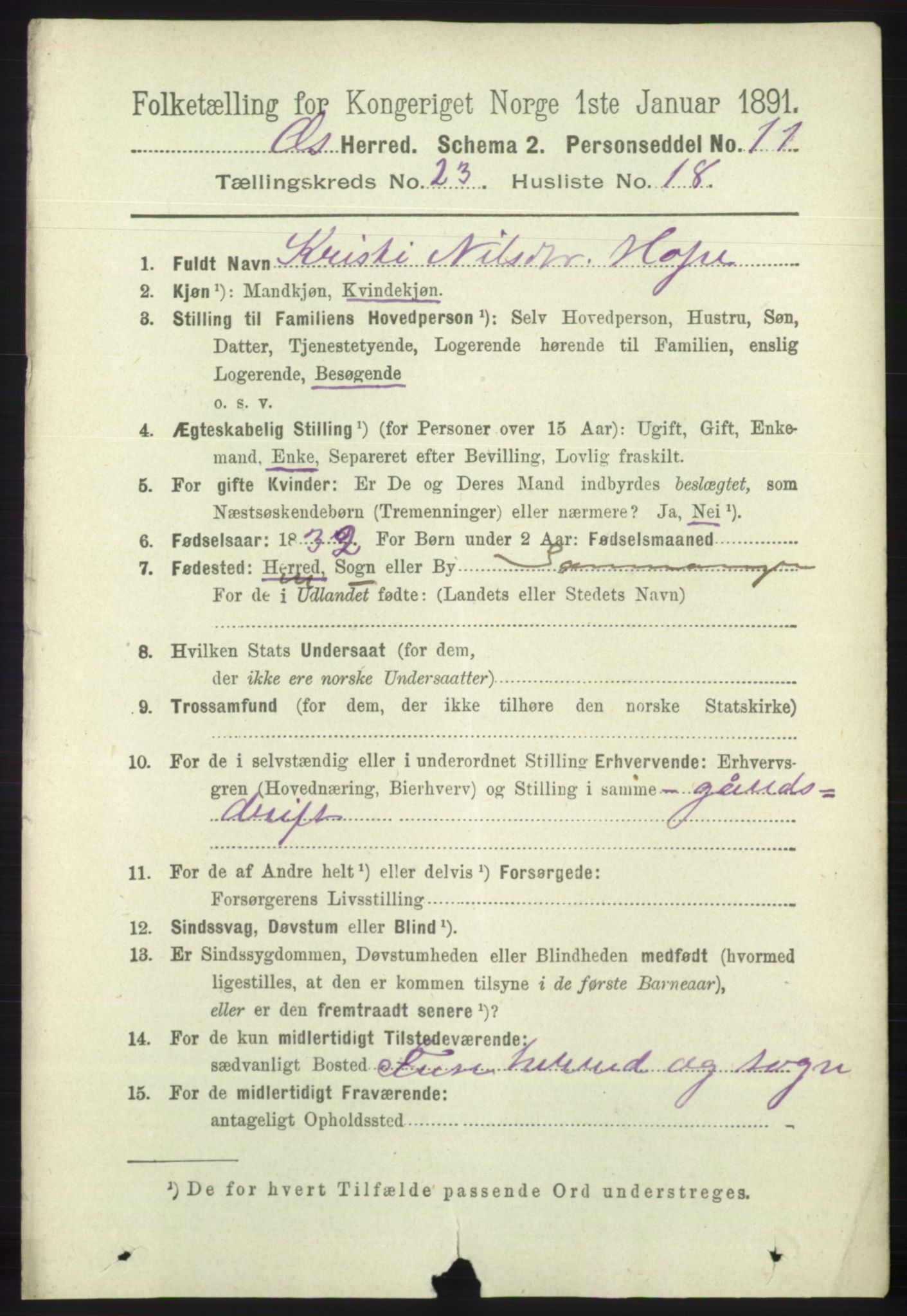 RA, 1891 census for 1243 Os, 1891, p. 5185