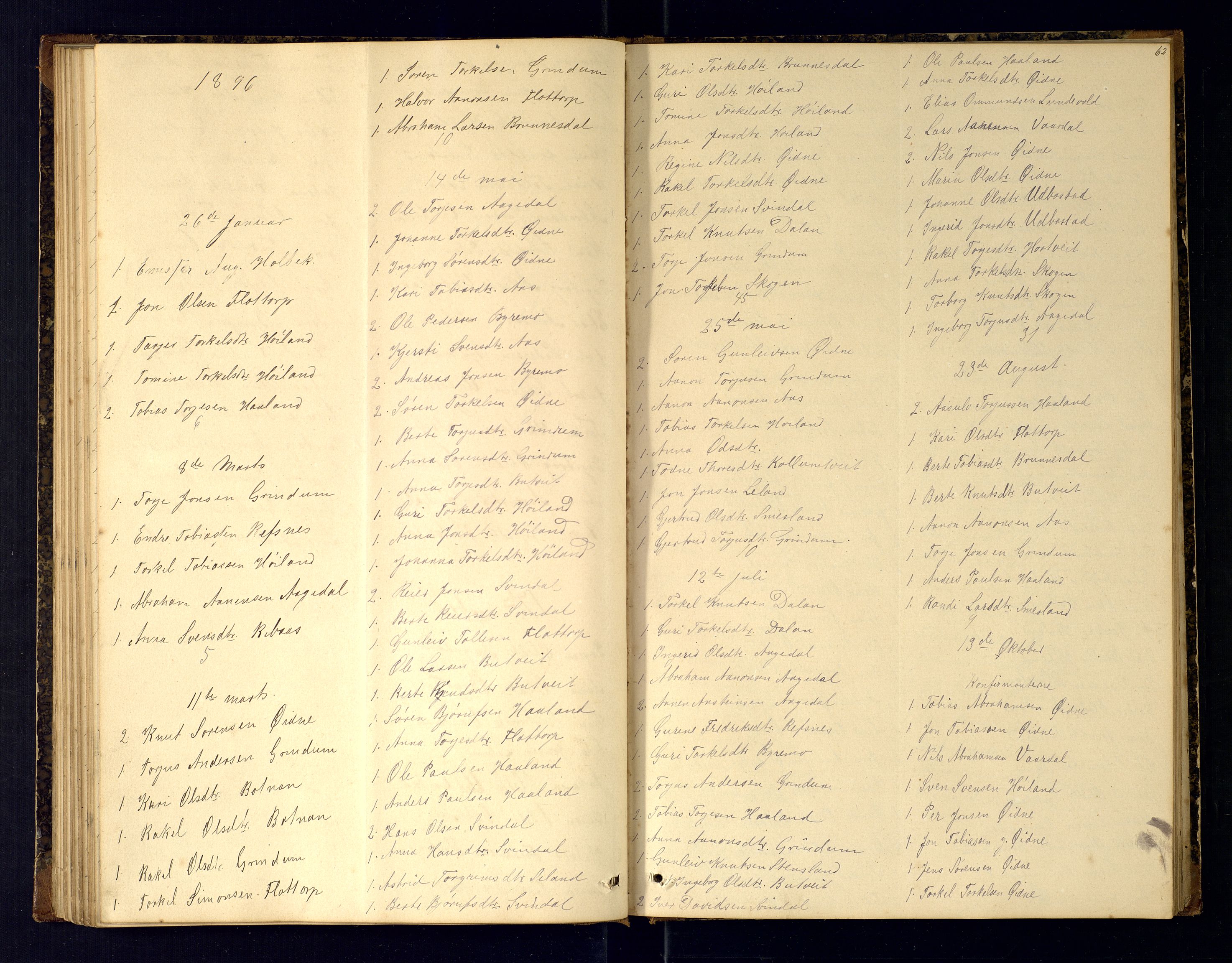 Bjelland sokneprestkontor, AV/SAK-1111-0005/F/Fc/Fcc/L0004: Communicants register no. C-4, 1883-1922, p. 62