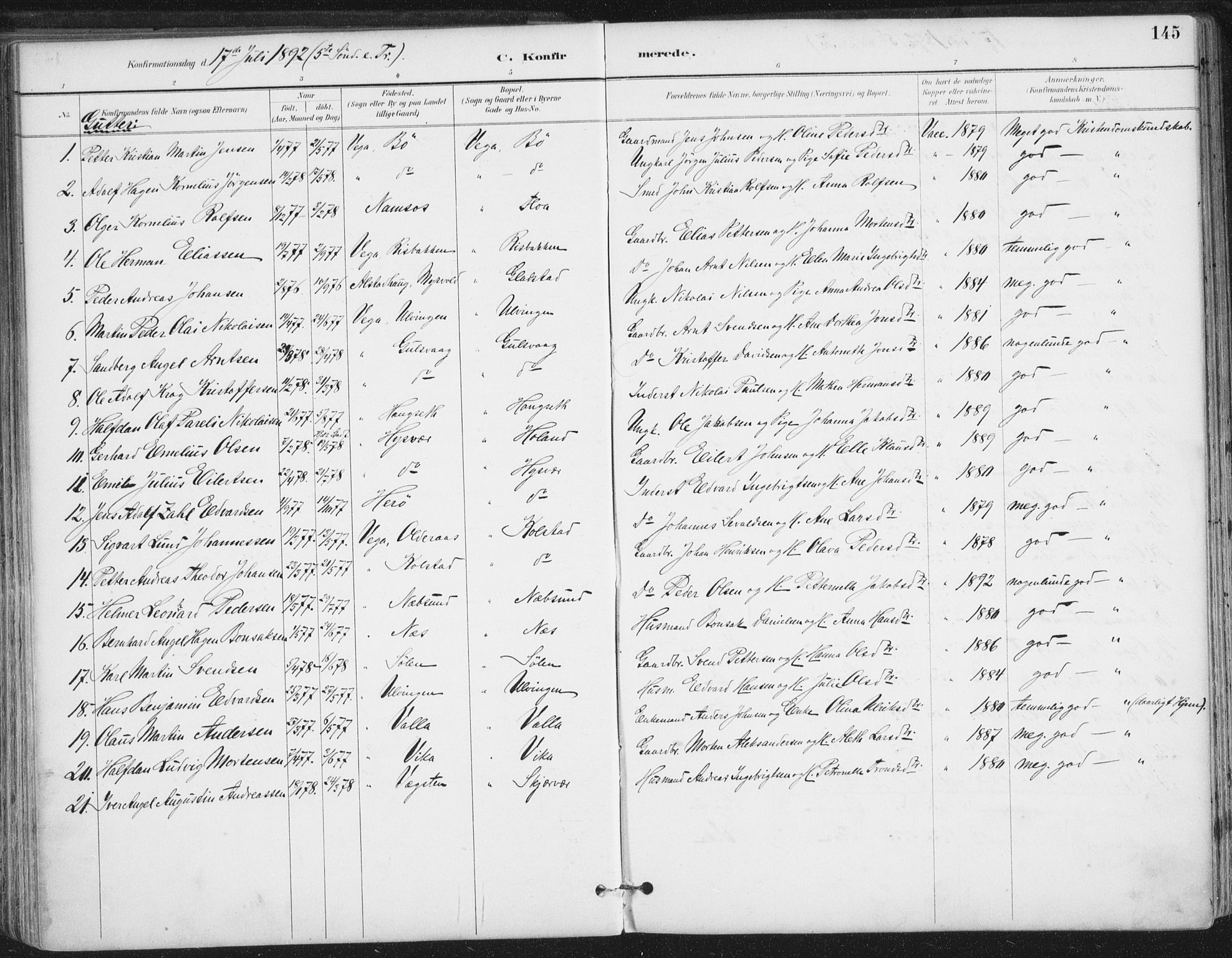 Ministerialprotokoller, klokkerbøker og fødselsregistre - Nordland, AV/SAT-A-1459/816/L0244: Parish register (official) no. 816A10, 1886-1903, p. 145