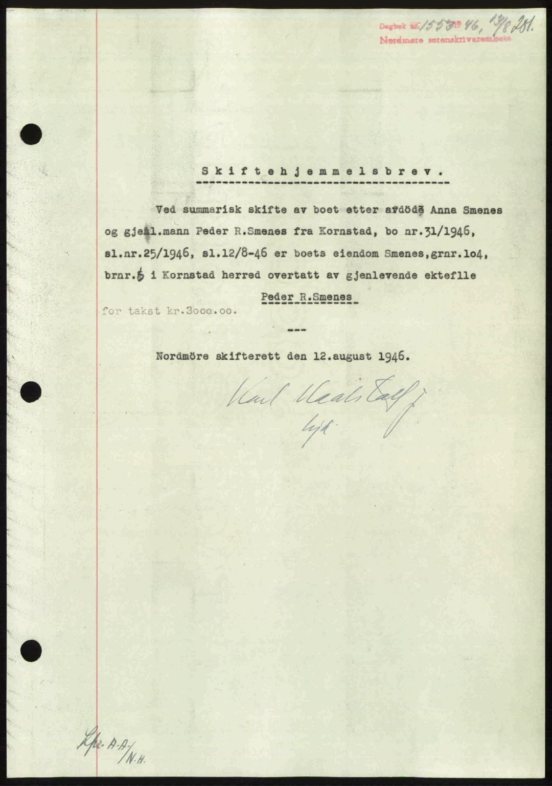 Nordmøre sorenskriveri, AV/SAT-A-4132/1/2/2Ca: Mortgage book no. A102, 1946-1946, Diary no: : 1553/1946