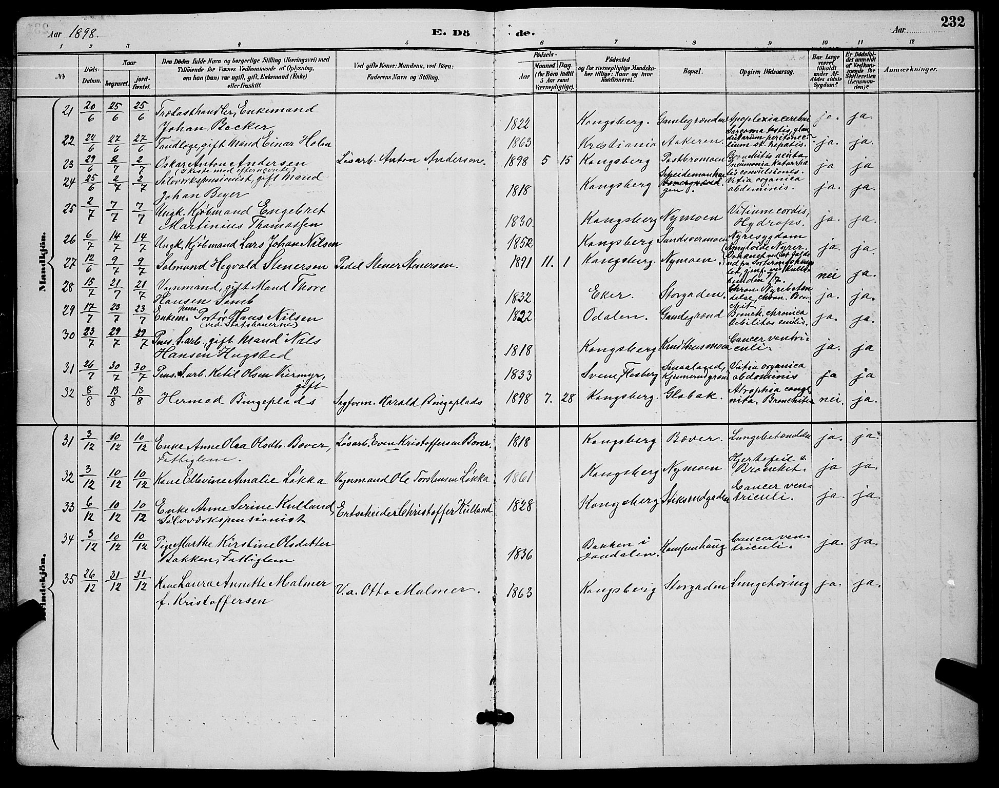 Kongsberg kirkebøker, AV/SAKO-A-22/G/Ga/L0006: Parish register (copy) no. 6, 1890-1901, p. 232