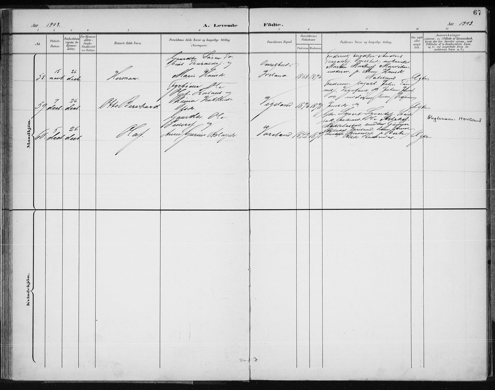 Vennesla sokneprestkontor, AV/SAK-1111-0045/Fa/Fab/L0005: Parish register (official) no. A 5, 1897-1909, p. 67