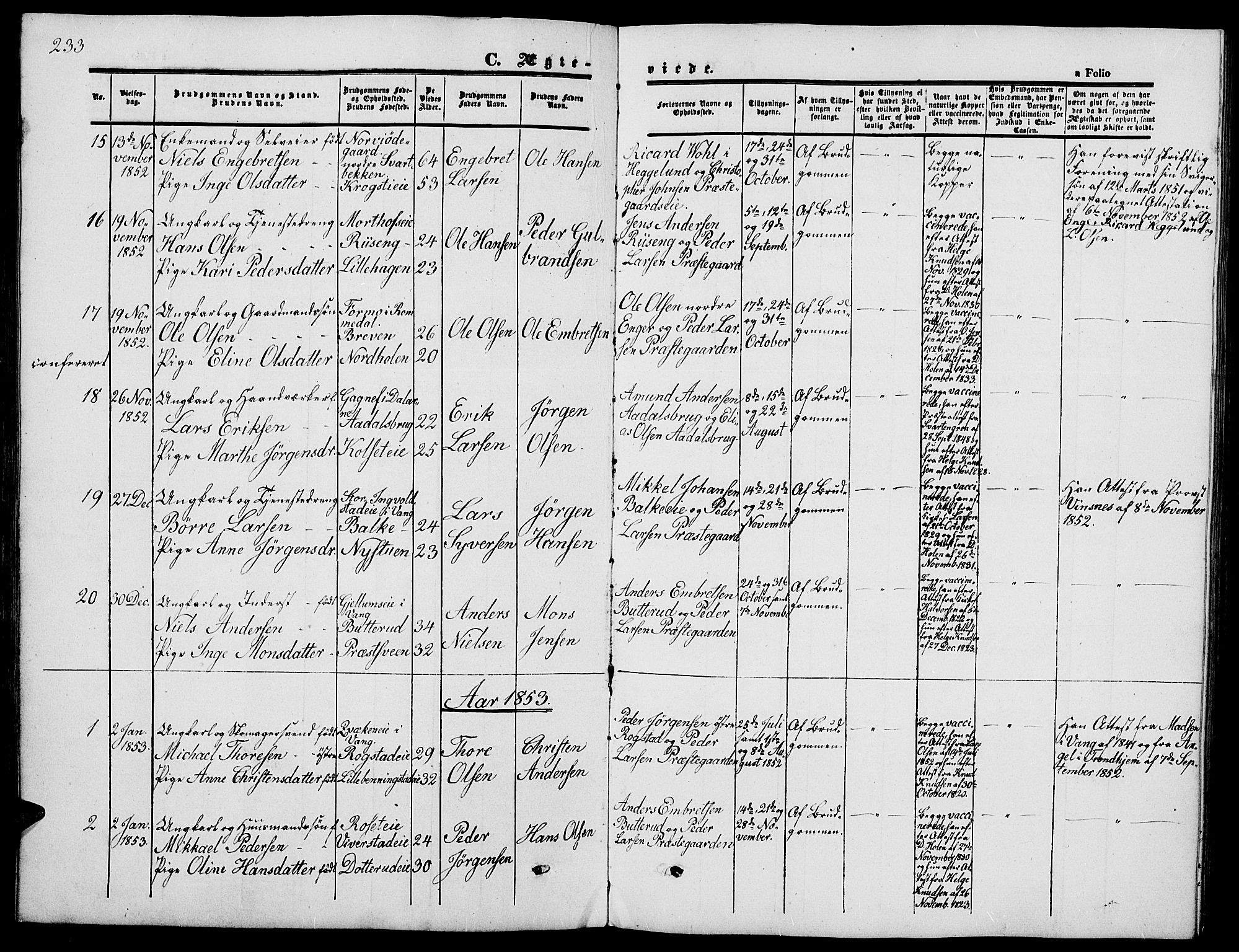 Løten prestekontor, AV/SAH-PREST-022/L/La/L0003: Parish register (copy) no. 3, 1850-1862, p. 233