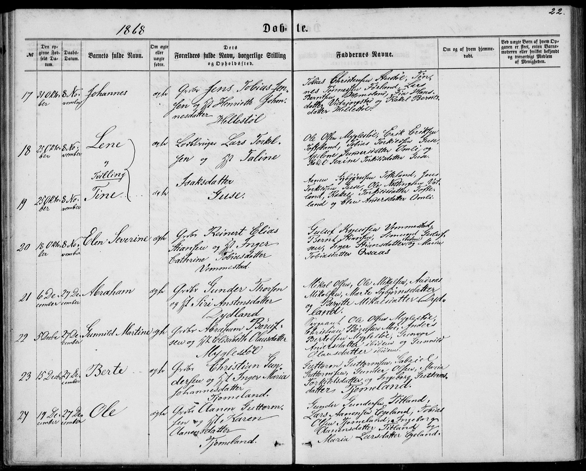 Lyngdal sokneprestkontor, SAK/1111-0029/F/Fa/Fab/L0002: Parish register (official) no. A 2, 1861-1878, p. 22