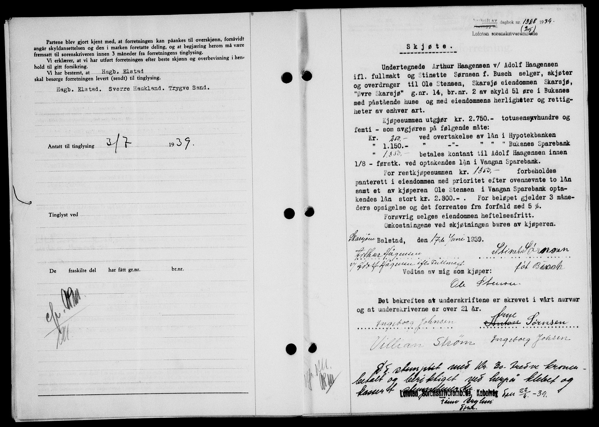 Lofoten sorenskriveri, SAT/A-0017/1/2/2C/L0006a: Mortgage book no. 6a, 1939-1939, Diary no: : 1388/1939