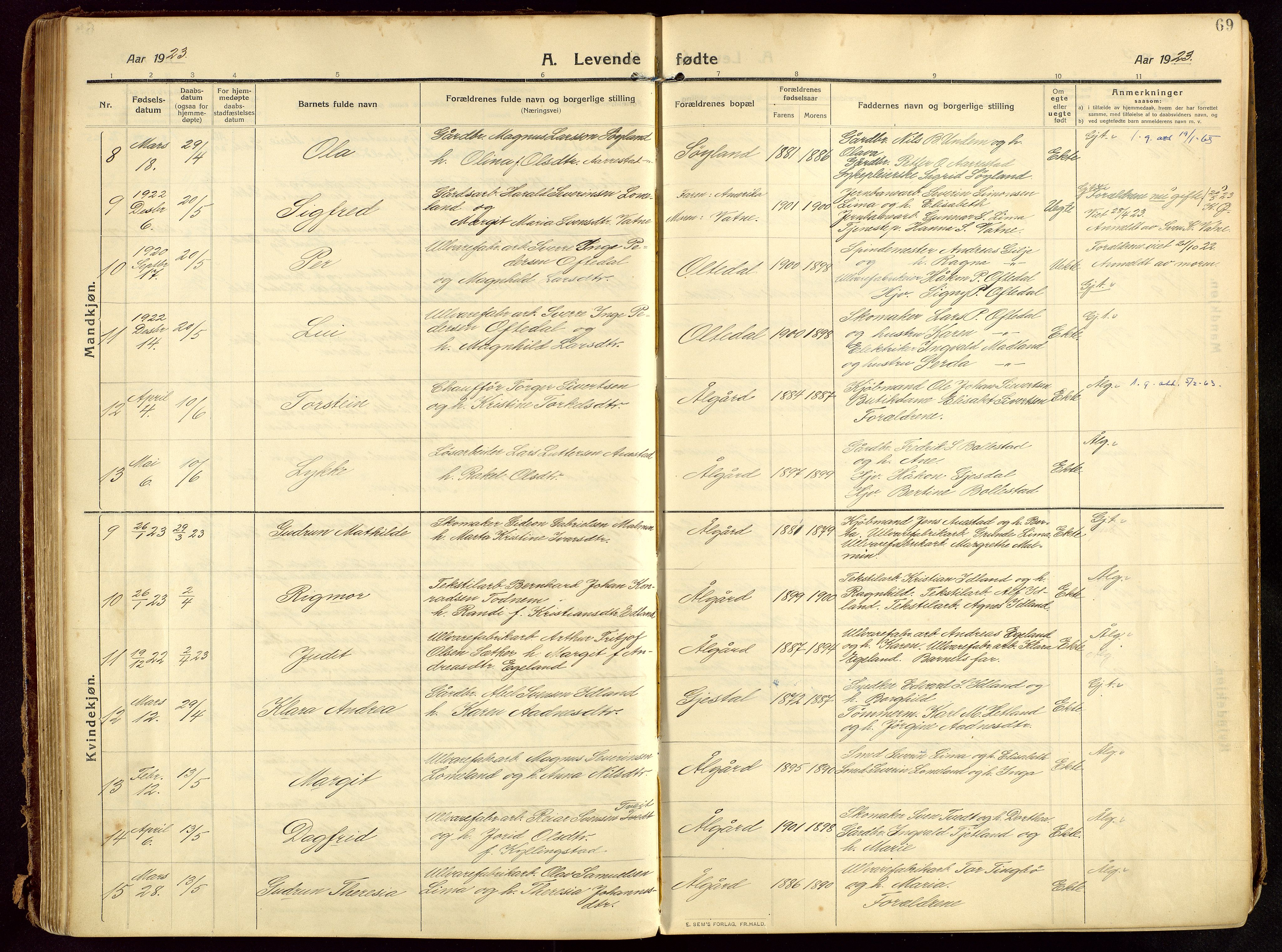 Lye sokneprestkontor, AV/SAST-A-101794/002/B/L0001: Parish register (official) no. A 13, 1910-1925, p. 69