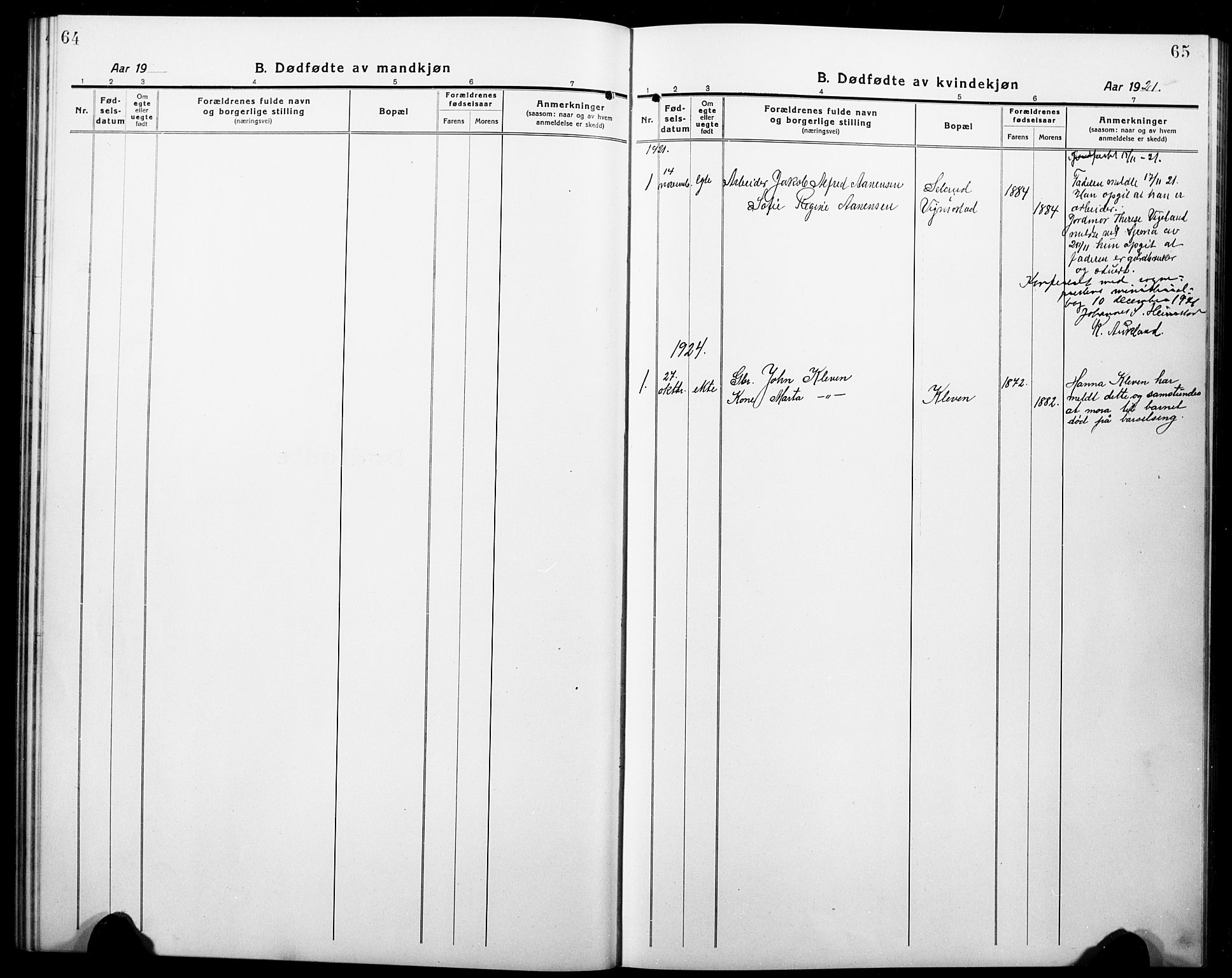 Nord-Audnedal sokneprestkontor, SAK/1111-0032/F/Fb/Fbb/L0005: Parish register (copy) no. B 5, 1918-1929, p. 64-65