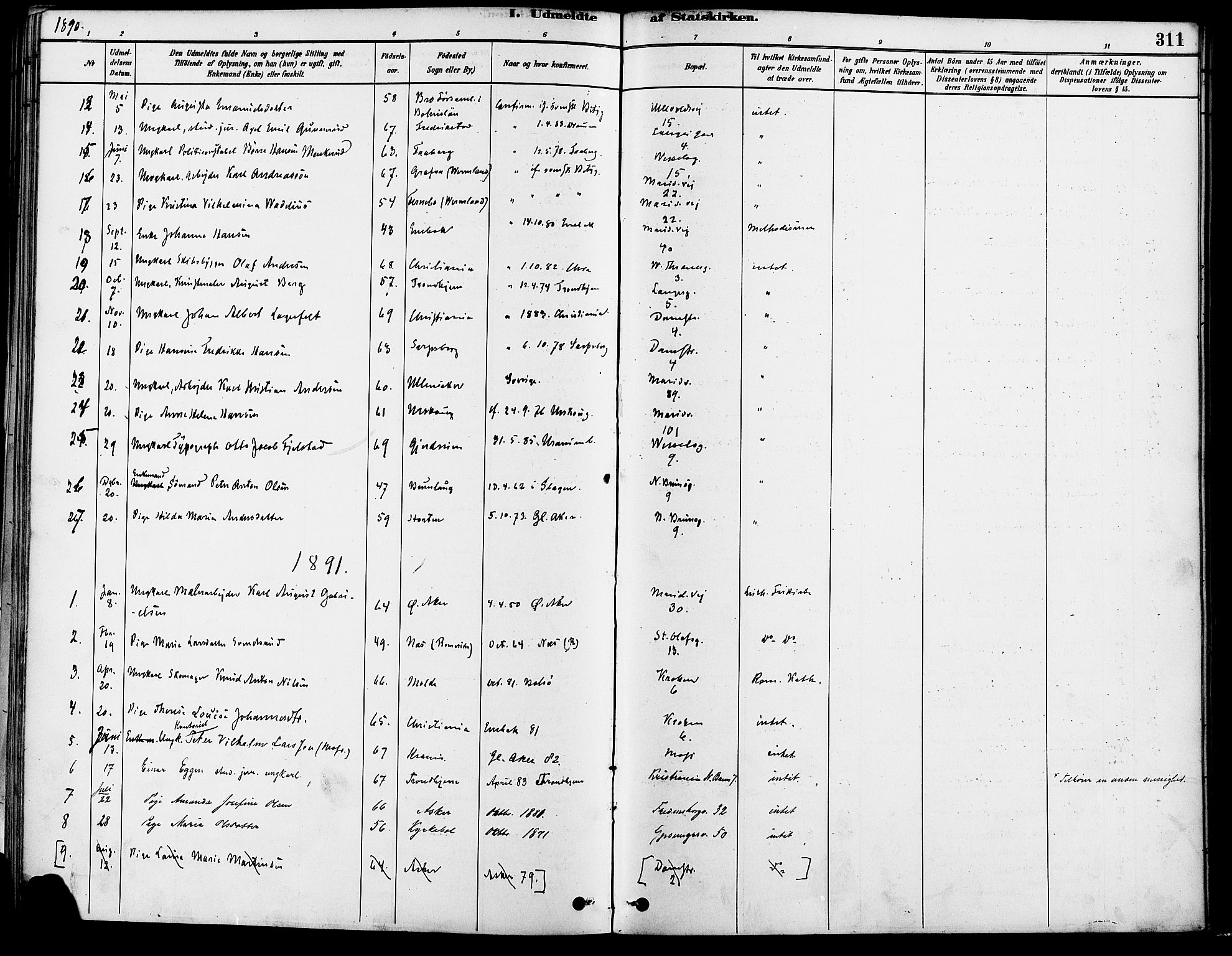 Gamle Aker prestekontor Kirkebøker, AV/SAO-A-10617a/F/L0007: Parish register (official) no. 7, 1882-1890, p. 311