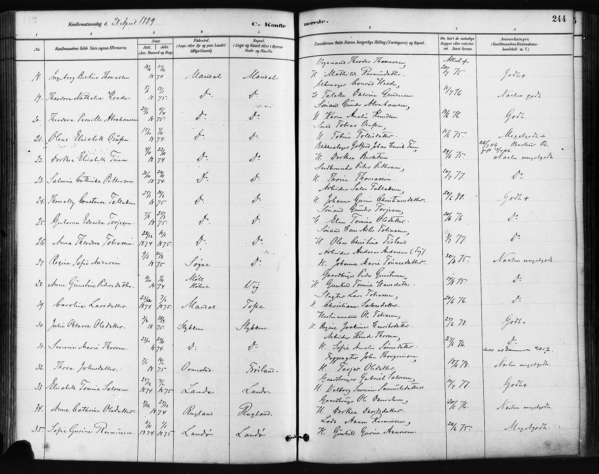 Mandal sokneprestkontor, SAK/1111-0030/F/Fa/Faa/L0016: Parish register (official) no. A 16, 1880-1890, p. 244