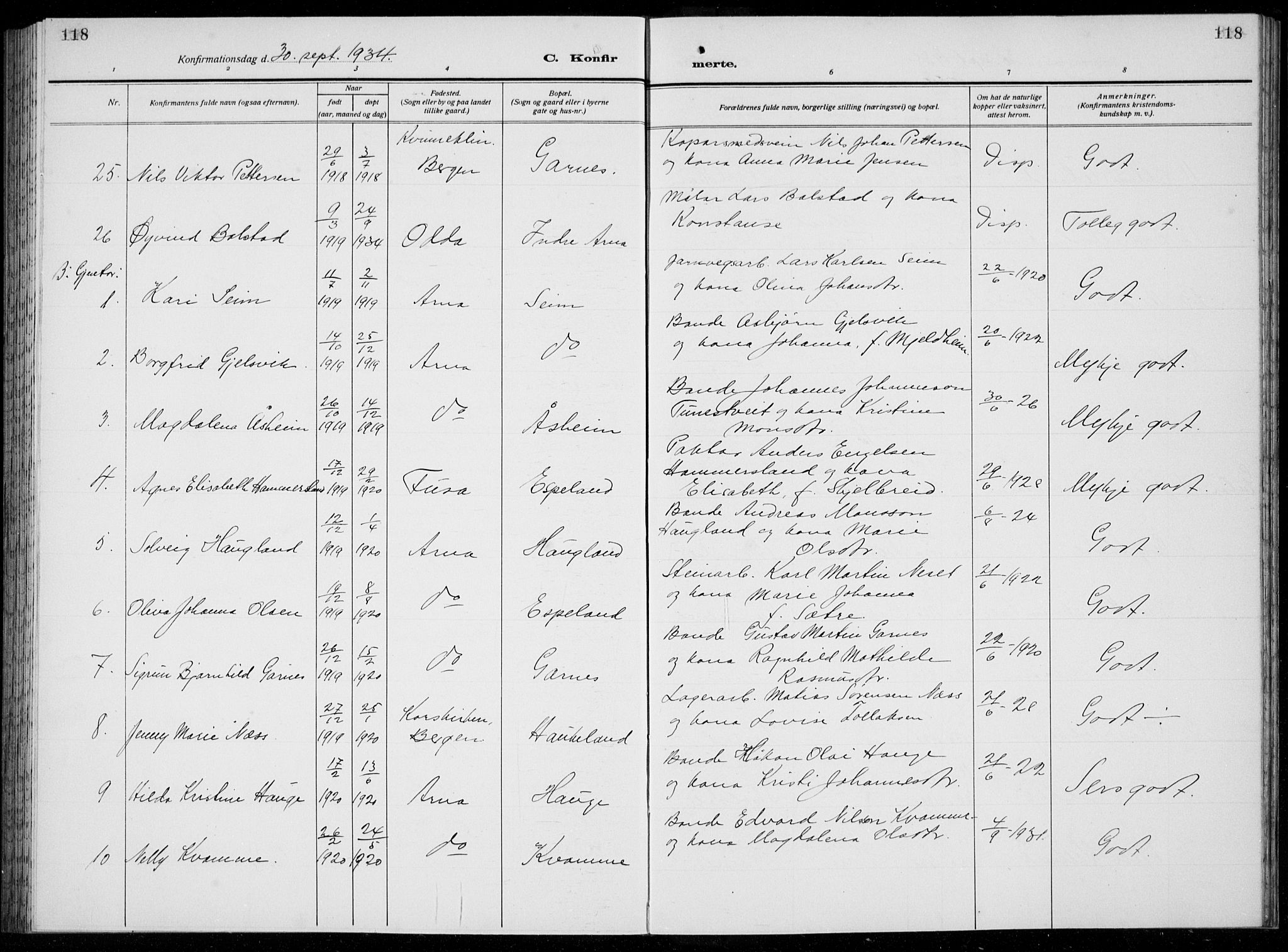 Arna sokneprestembete, AV/SAB-A-74001/H/Ha/Hab: Parish register (copy) no. A  6, 1922-1936, p. 118