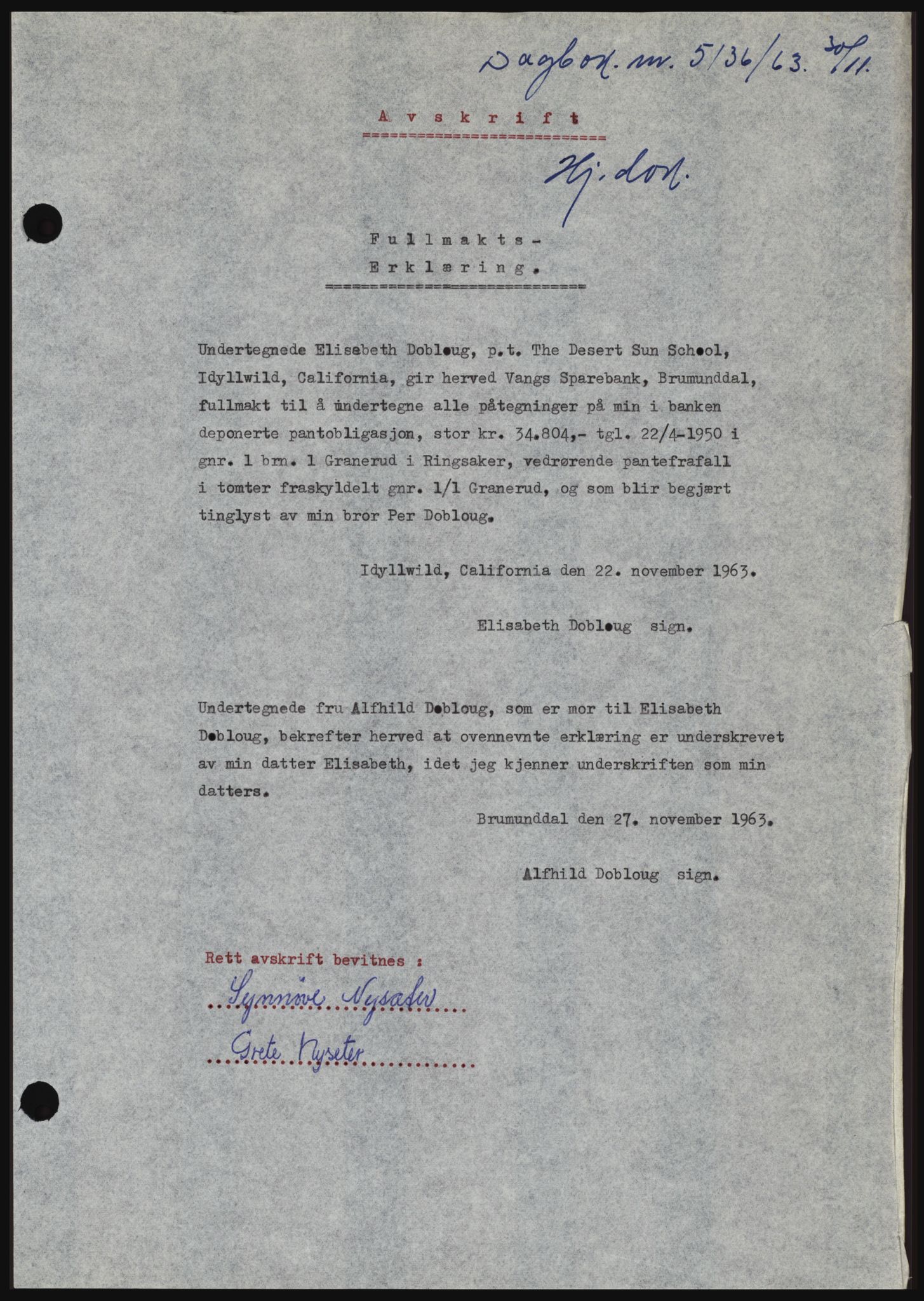 Nord-Hedmark sorenskriveri, SAH/TING-012/H/Hc/L0019: Mortgage book no. 19, 1963-1964, Diary no: : 5136/1963