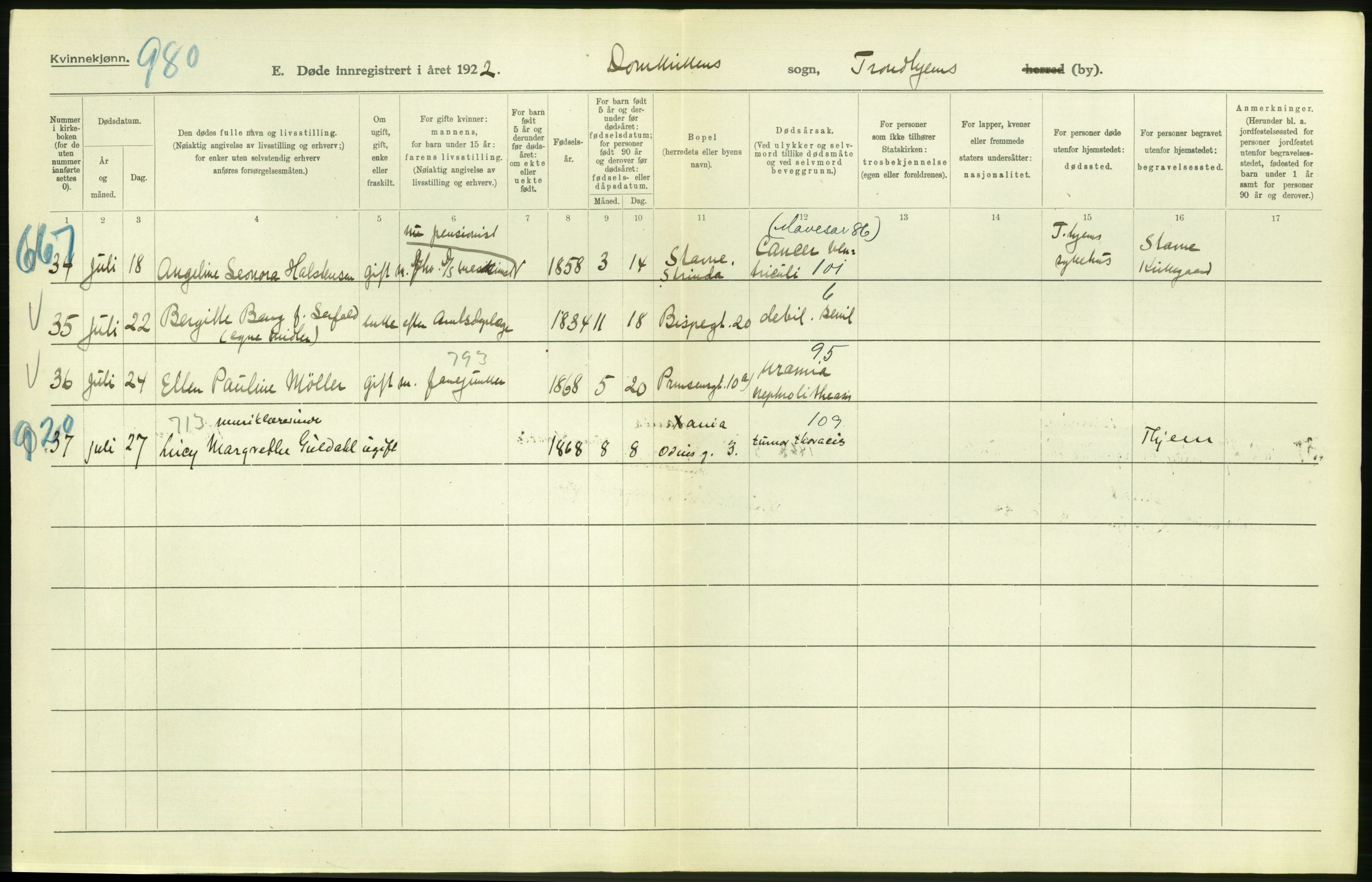 Statistisk sentralbyrå, Sosiodemografiske emner, Befolkning, AV/RA-S-2228/D/Df/Dfc/Dfcb/L0040: Trondheim: Gifte, døde, dødfødte., 1922, p. 220