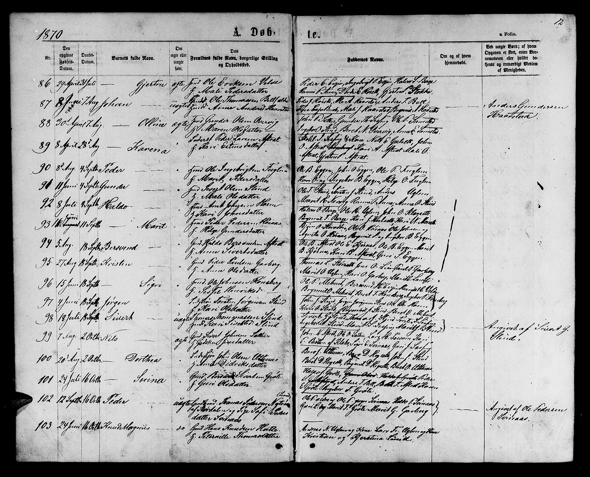 Ministerialprotokoller, klokkerbøker og fødselsregistre - Sør-Trøndelag, AV/SAT-A-1456/695/L1156: Parish register (copy) no. 695C07, 1869-1888, p. 12