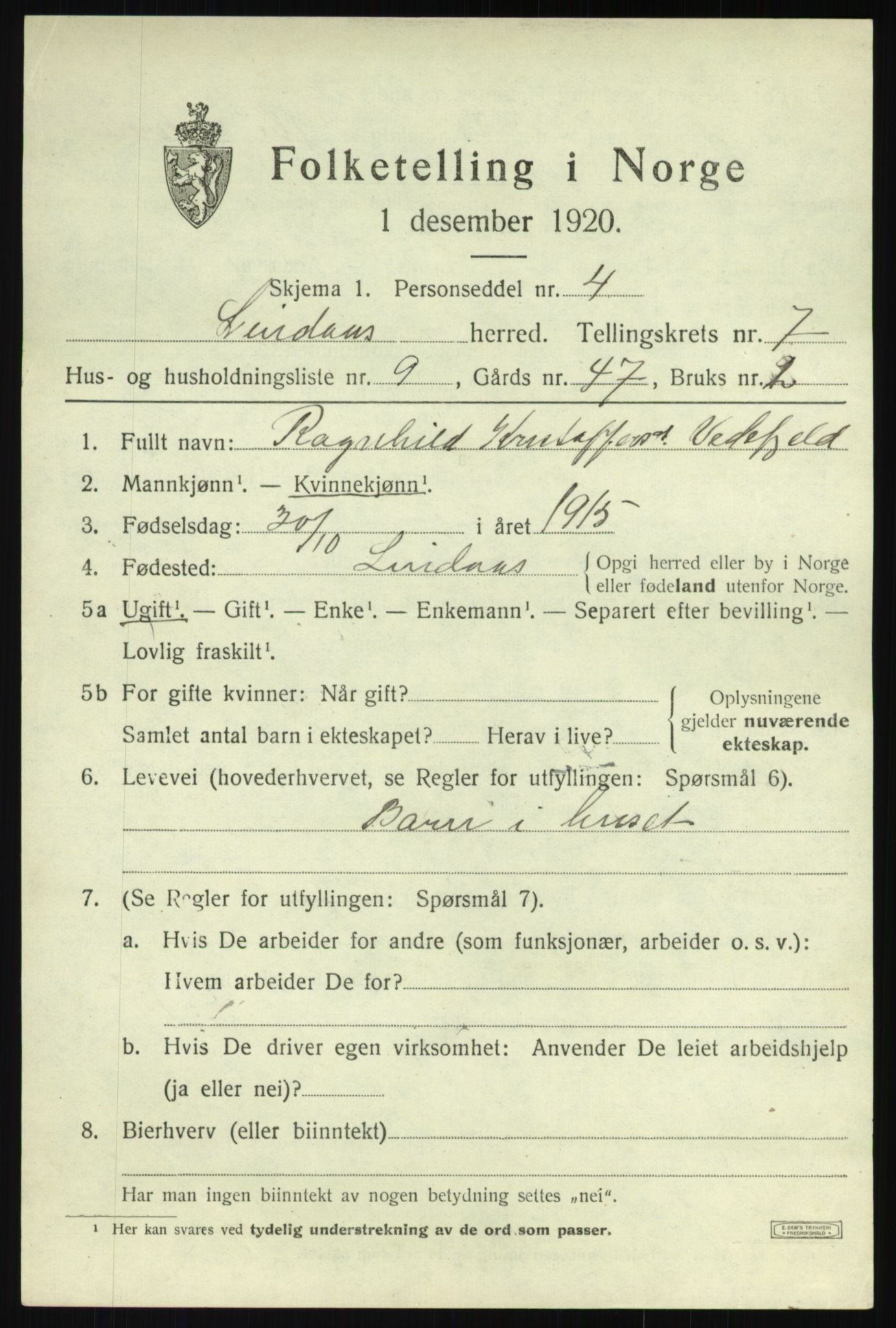 SAB, 1920 census for Lindås, 1920, p. 4131