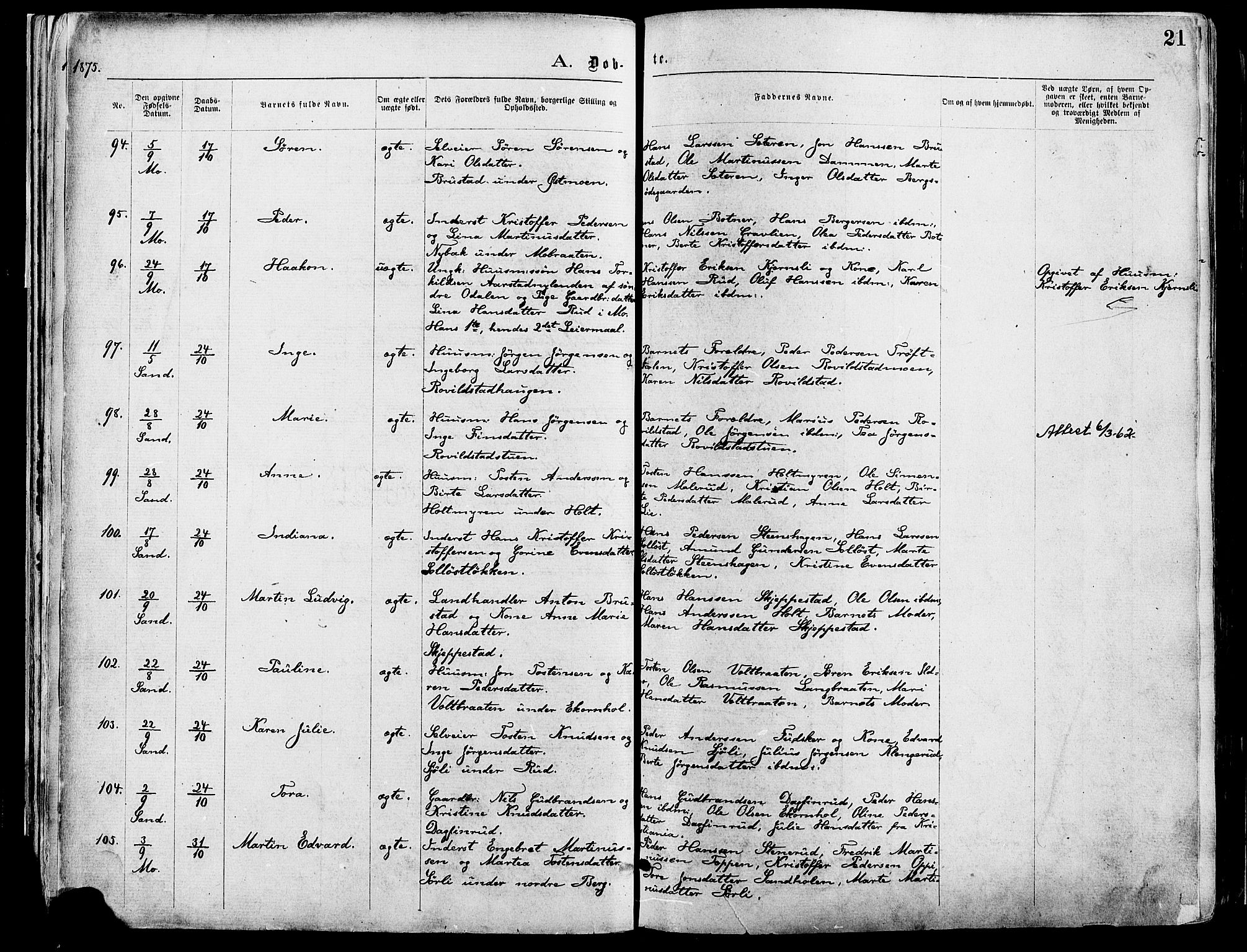 Nord-Odal prestekontor, AV/SAH-PREST-032/H/Ha/Haa/L0005: Parish register (official) no. 5, 1874-1885, p. 21