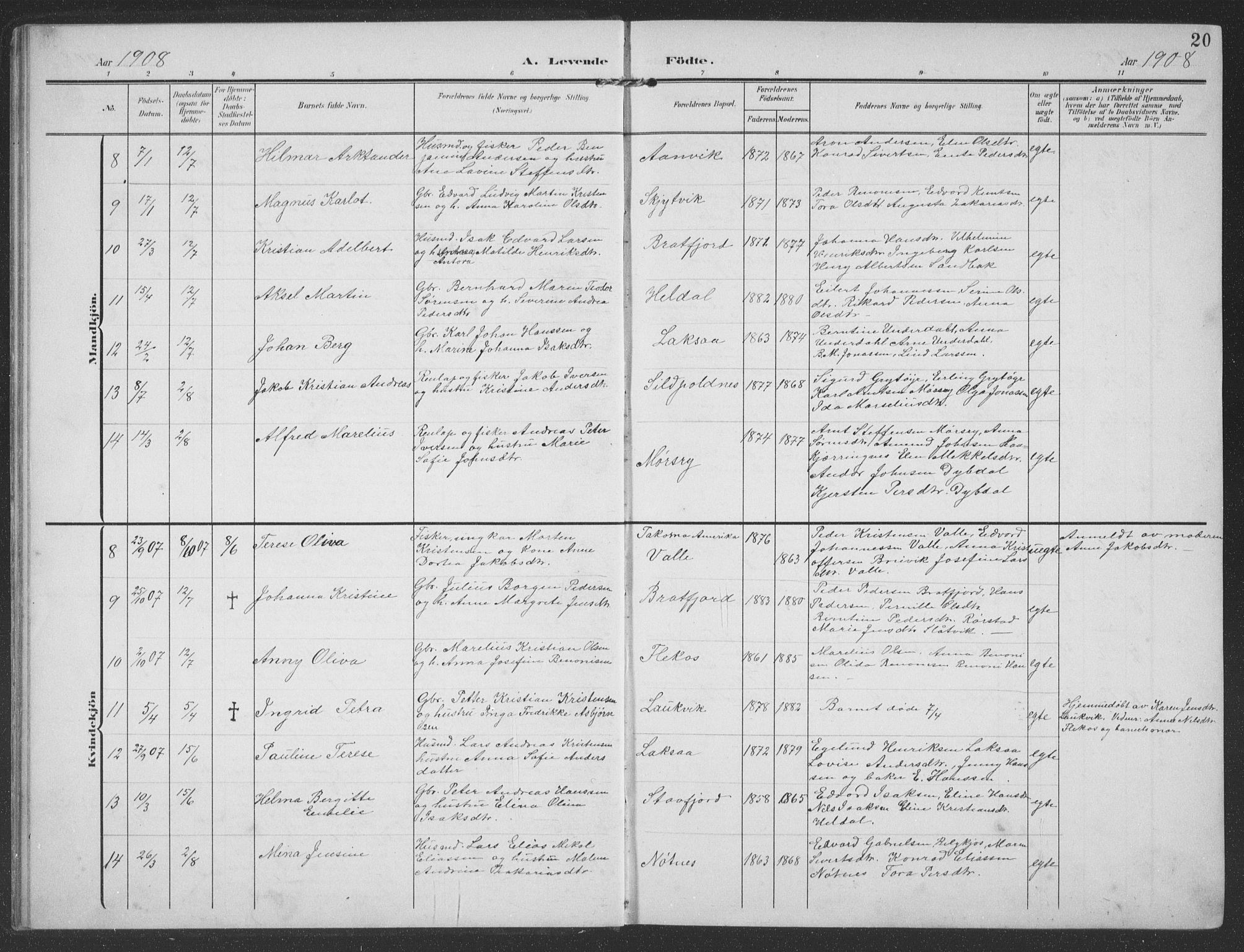 Ministerialprotokoller, klokkerbøker og fødselsregistre - Nordland, AV/SAT-A-1459/858/L0835: Parish register (copy) no. 858C02, 1904-1940, p. 20