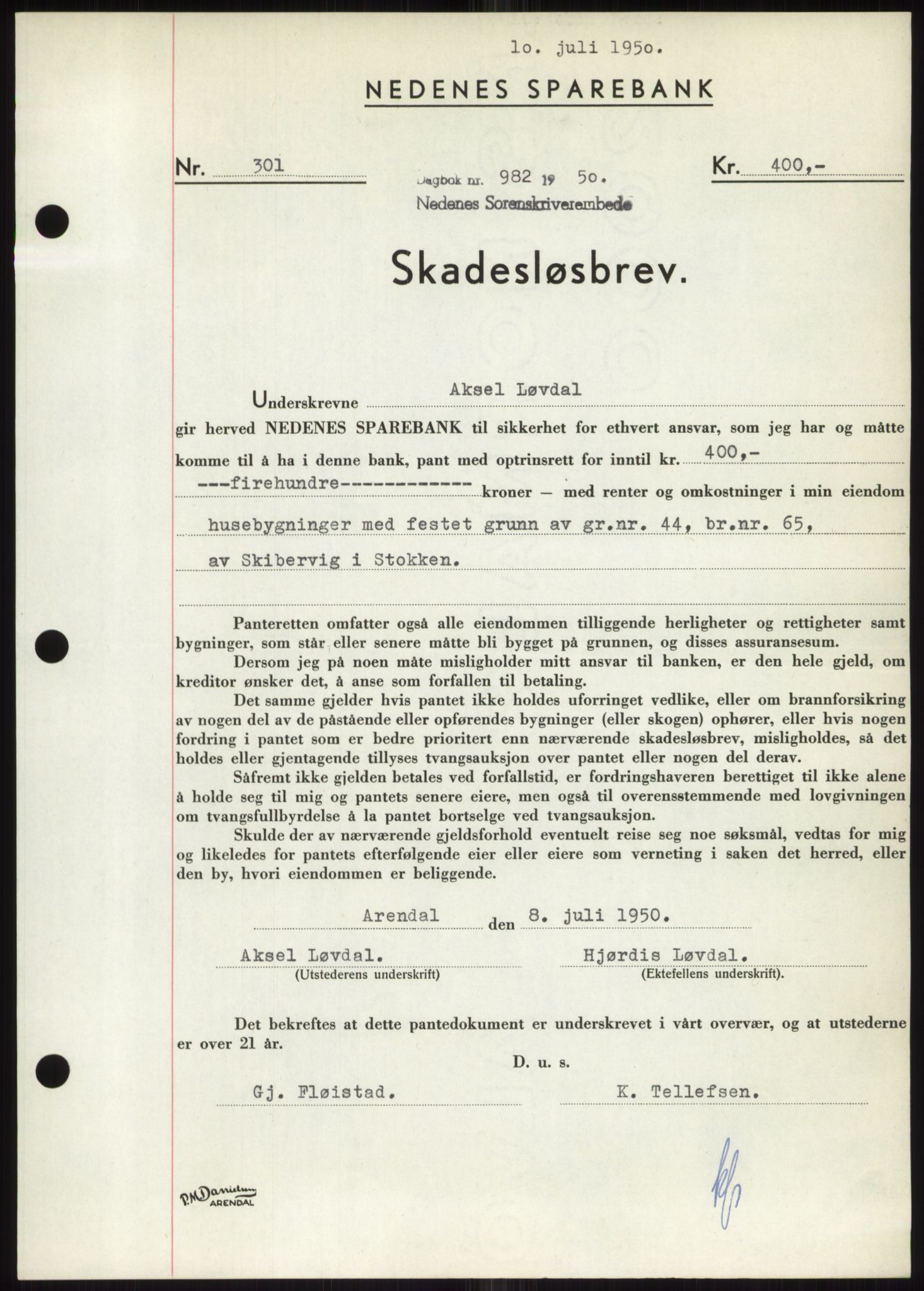 Nedenes sorenskriveri, AV/SAK-1221-0006/G/Gb/Gbb/L0007: Mortgage book no. B7, 1949-1950, Diary no: : 982/1950