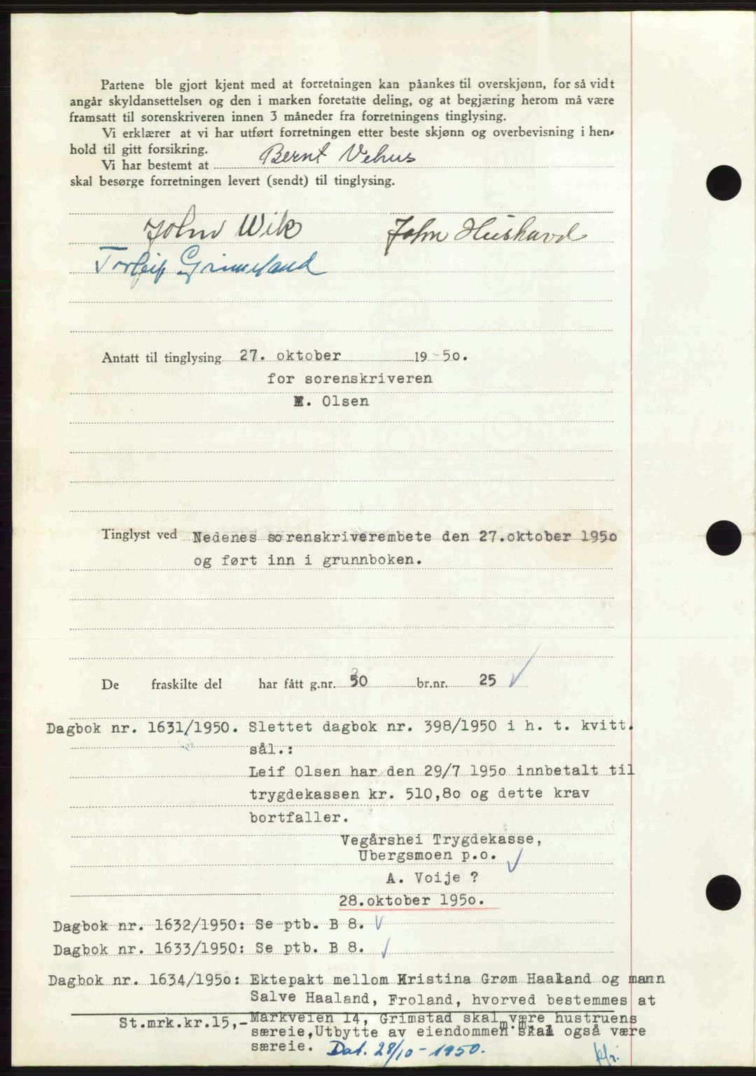 Nedenes sorenskriveri, SAK/1221-0006/G/Gb/Gba/L0063: Mortgage book no. A15, 1950-1950, Diary no: : 1630/1950