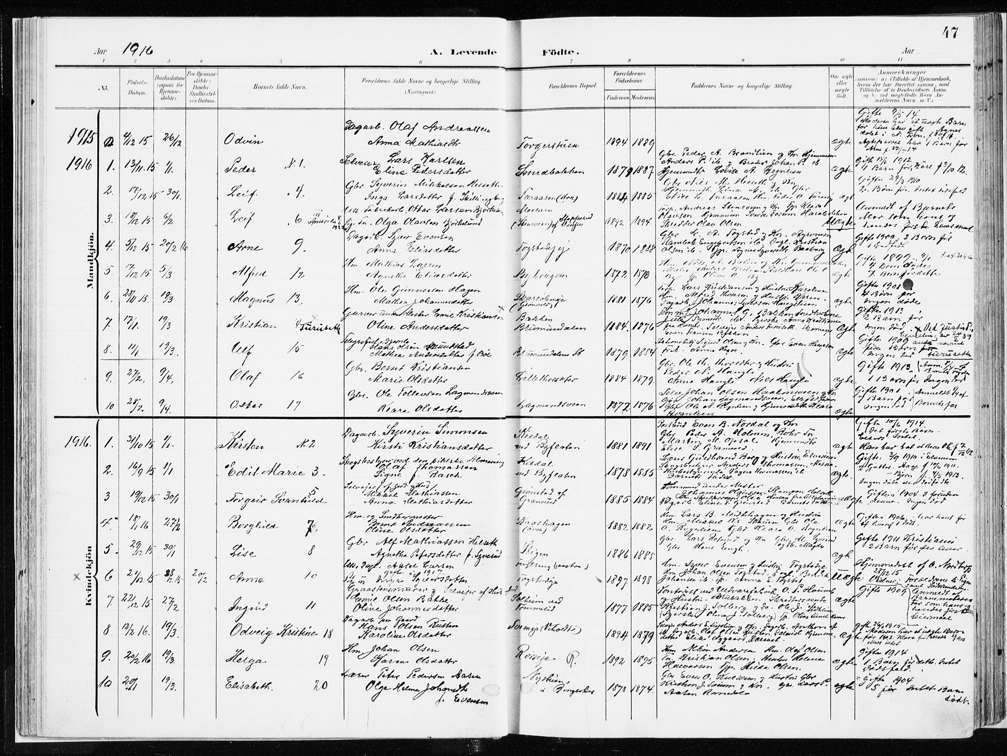 Ringsaker prestekontor, SAH/PREST-014/K/Ka/L0019: Parish register (official) no. 19, 1905-1920, p. 47