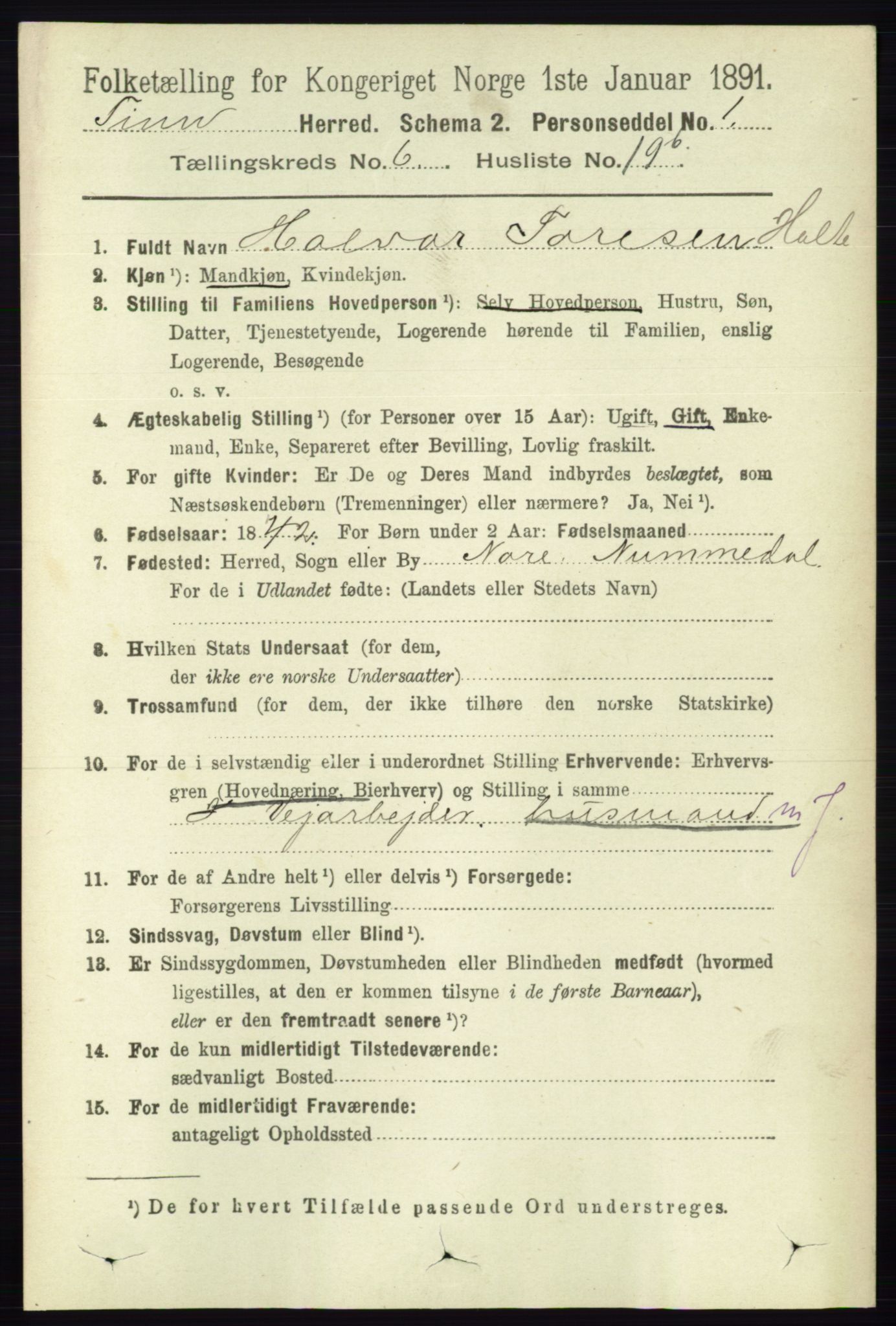 RA, 1891 census for 0826 Tinn, 1891, p. 1336