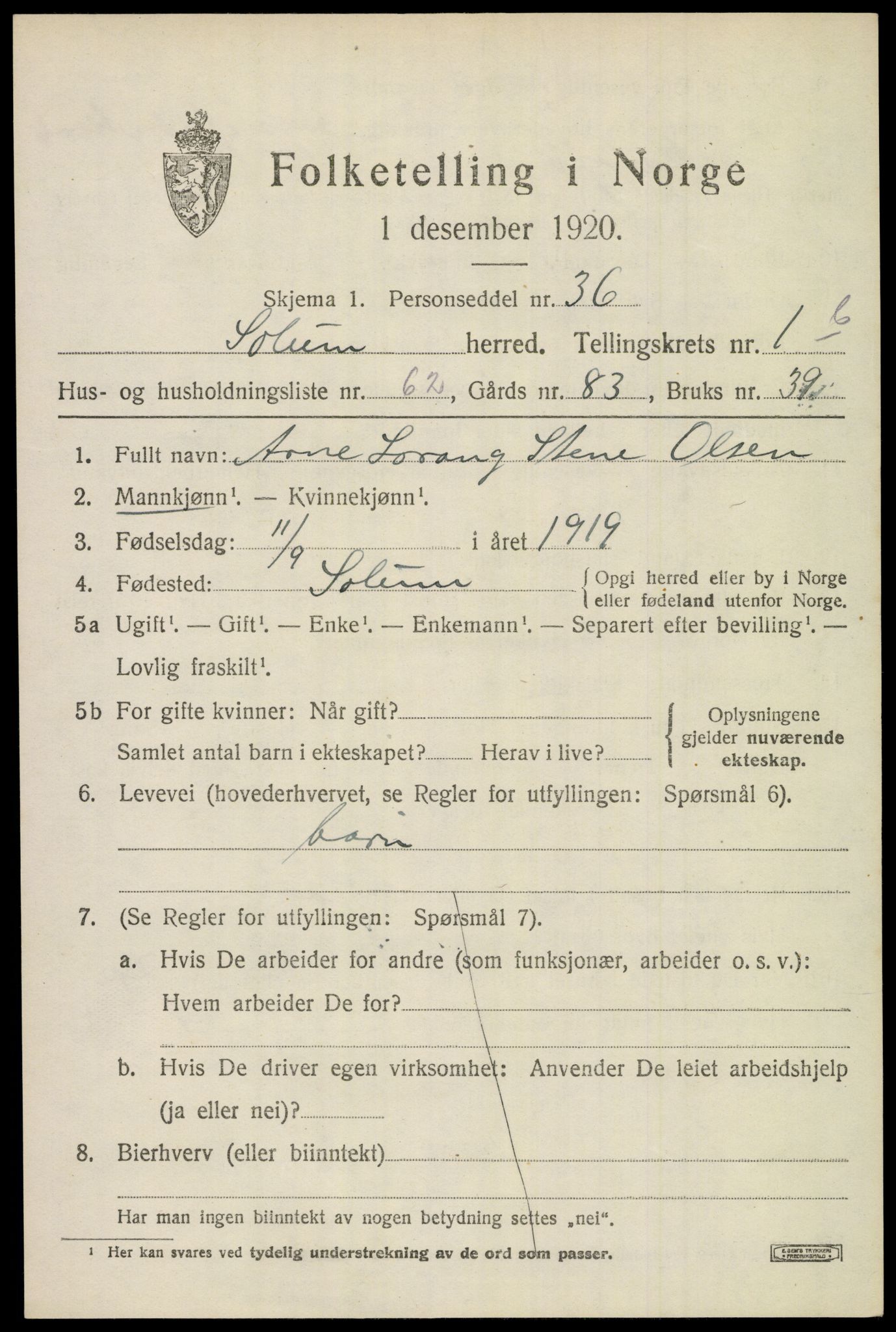 SAKO, 1920 census for Solum, 1920, p. 5612