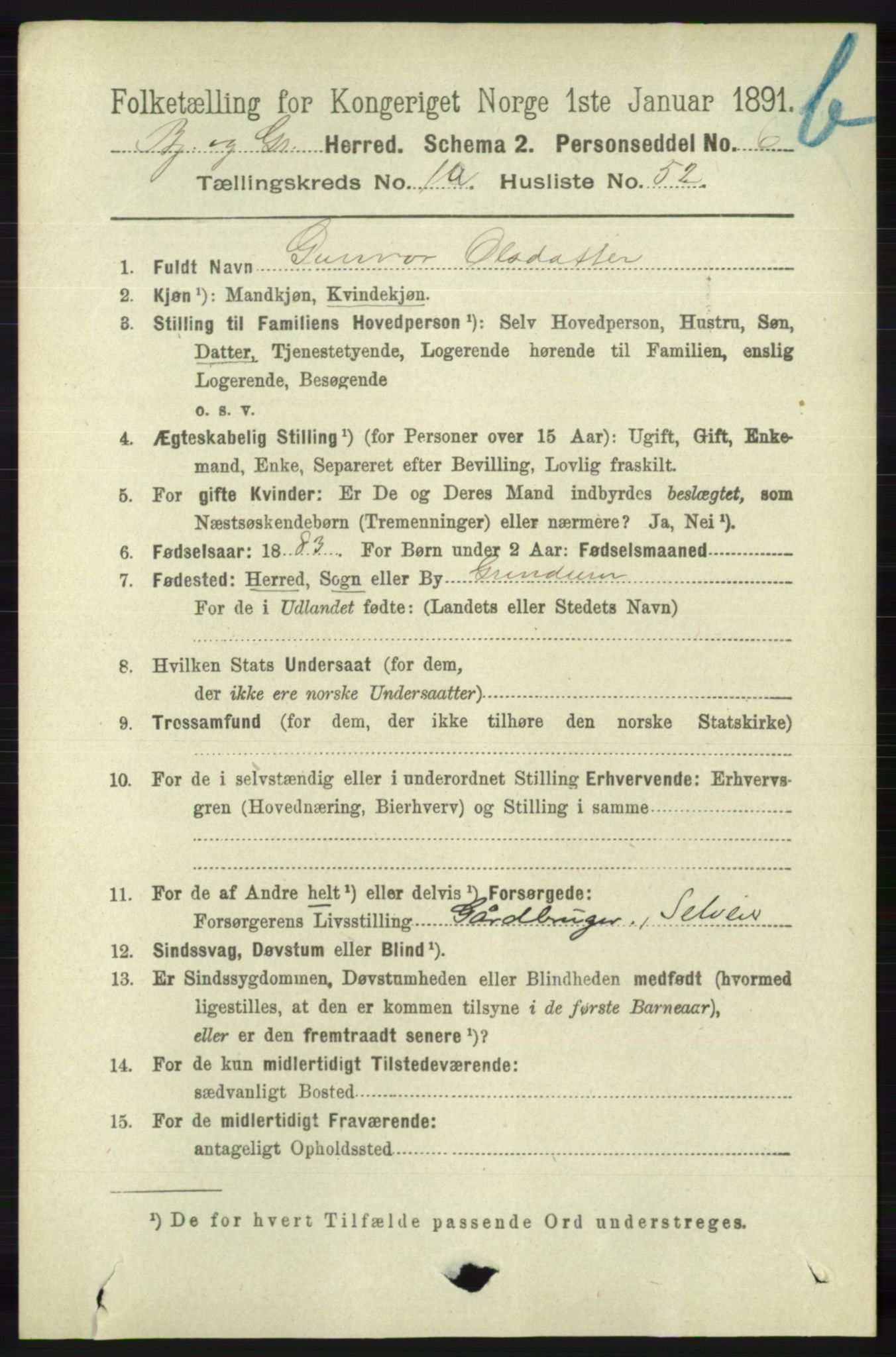 RA, 1891 census for 1024 Bjelland og Grindheim, 1891, p. 1069