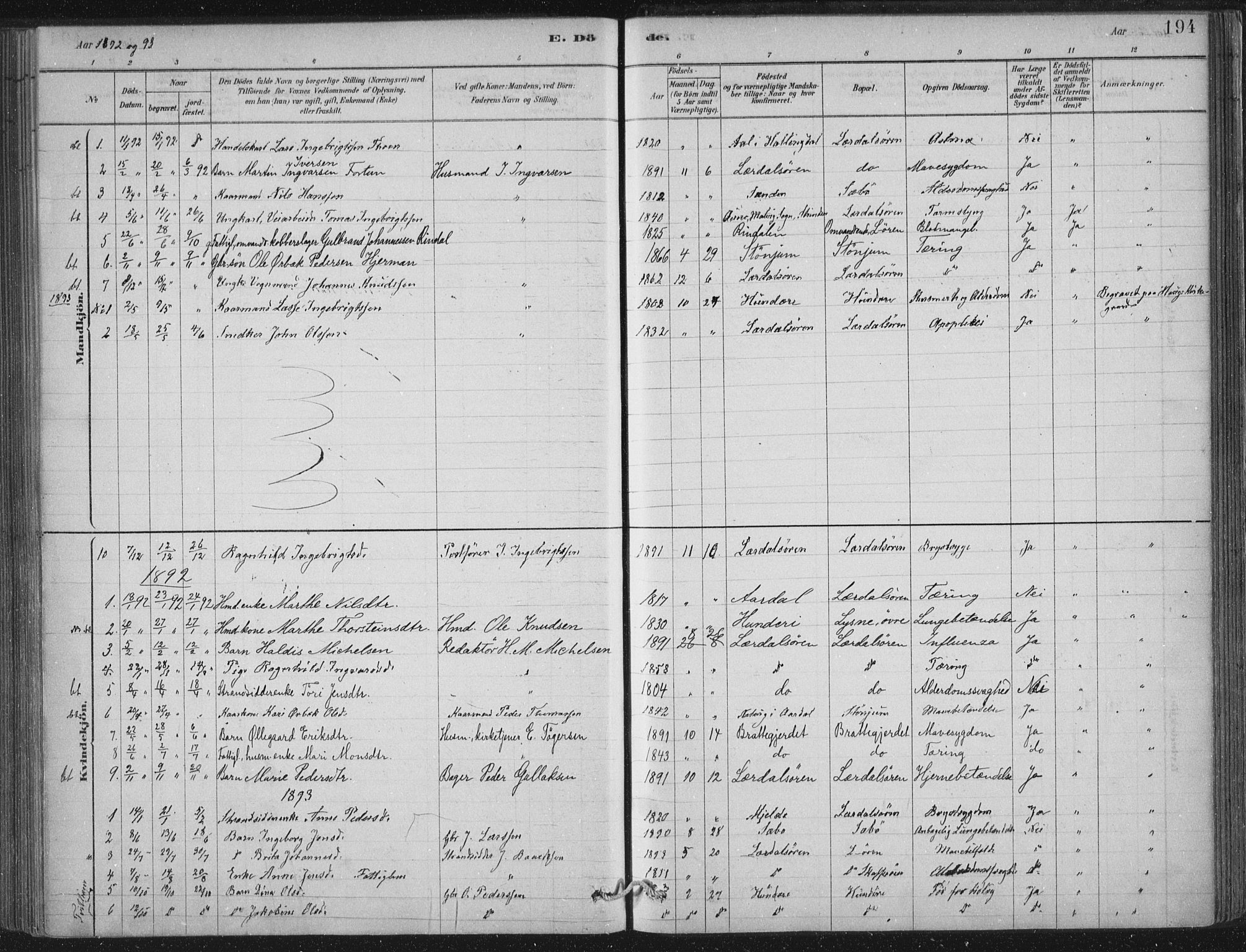 Lærdal sokneprestembete, AV/SAB-A-81201: Parish register (official) no. D  1, 1878-1908, p. 194