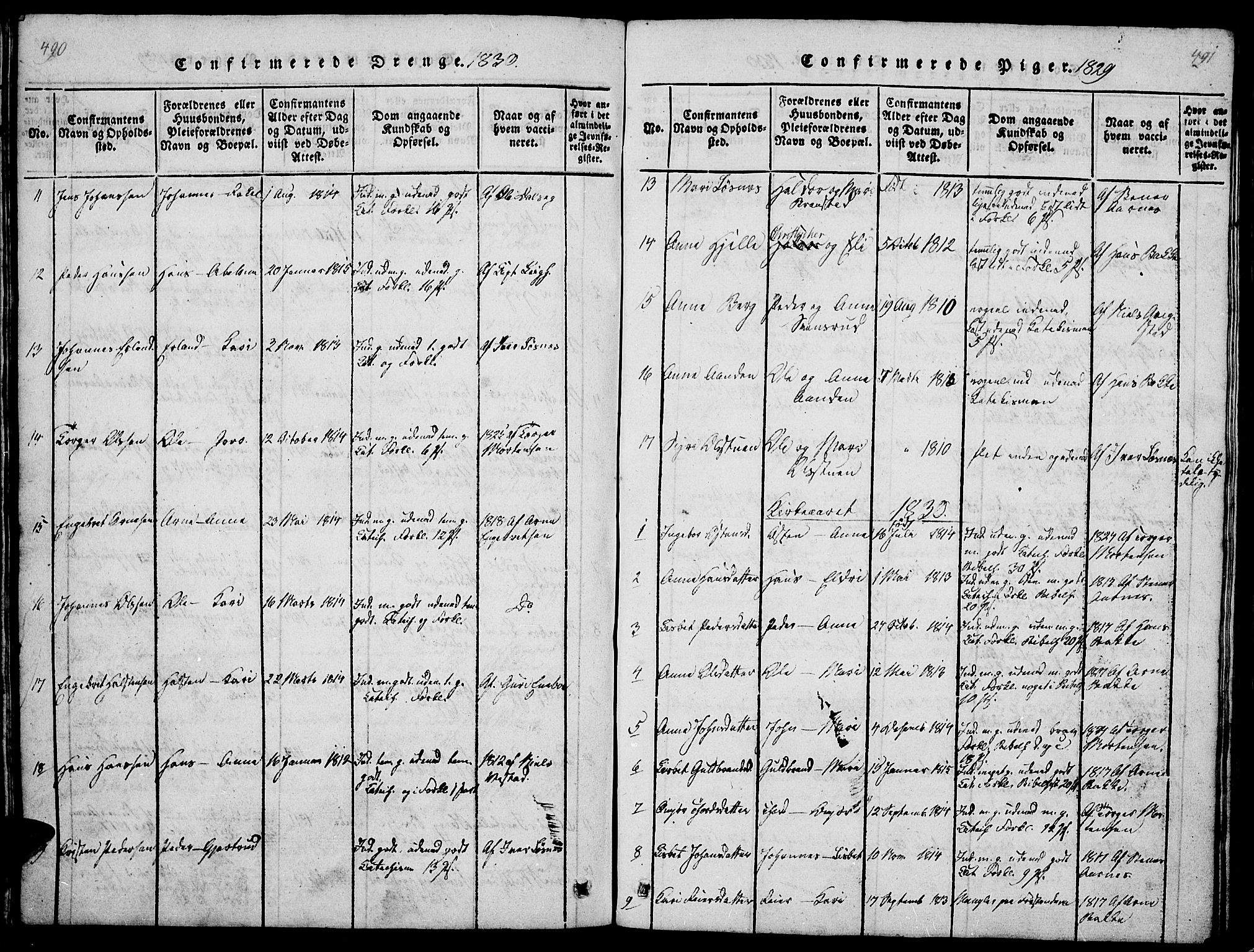 Ringebu prestekontor, SAH/PREST-082/H/Ha/Hab/L0001: Parish register (copy) no. 1, 1821-1839, p. 490-491