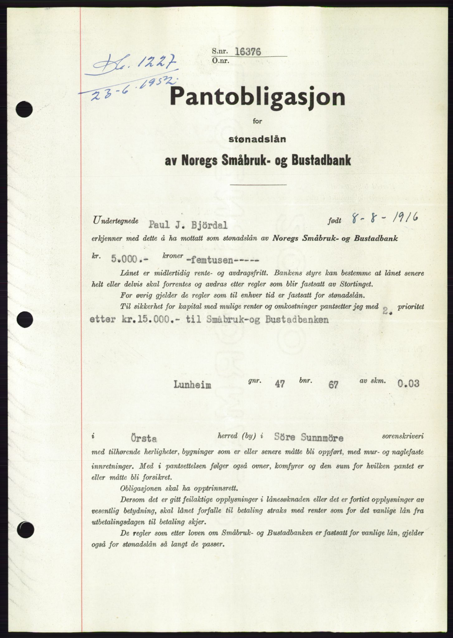Søre Sunnmøre sorenskriveri, AV/SAT-A-4122/1/2/2C/L0121: Mortgage book no. 9B, 1951-1952, Diary no: : 1227/1952