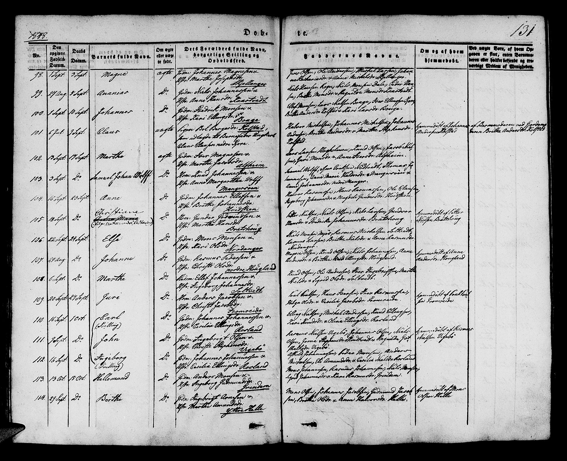 Manger sokneprestembete, AV/SAB-A-76801/H/Haa: Parish register (official) no. A 5, 1839-1848, p. 131