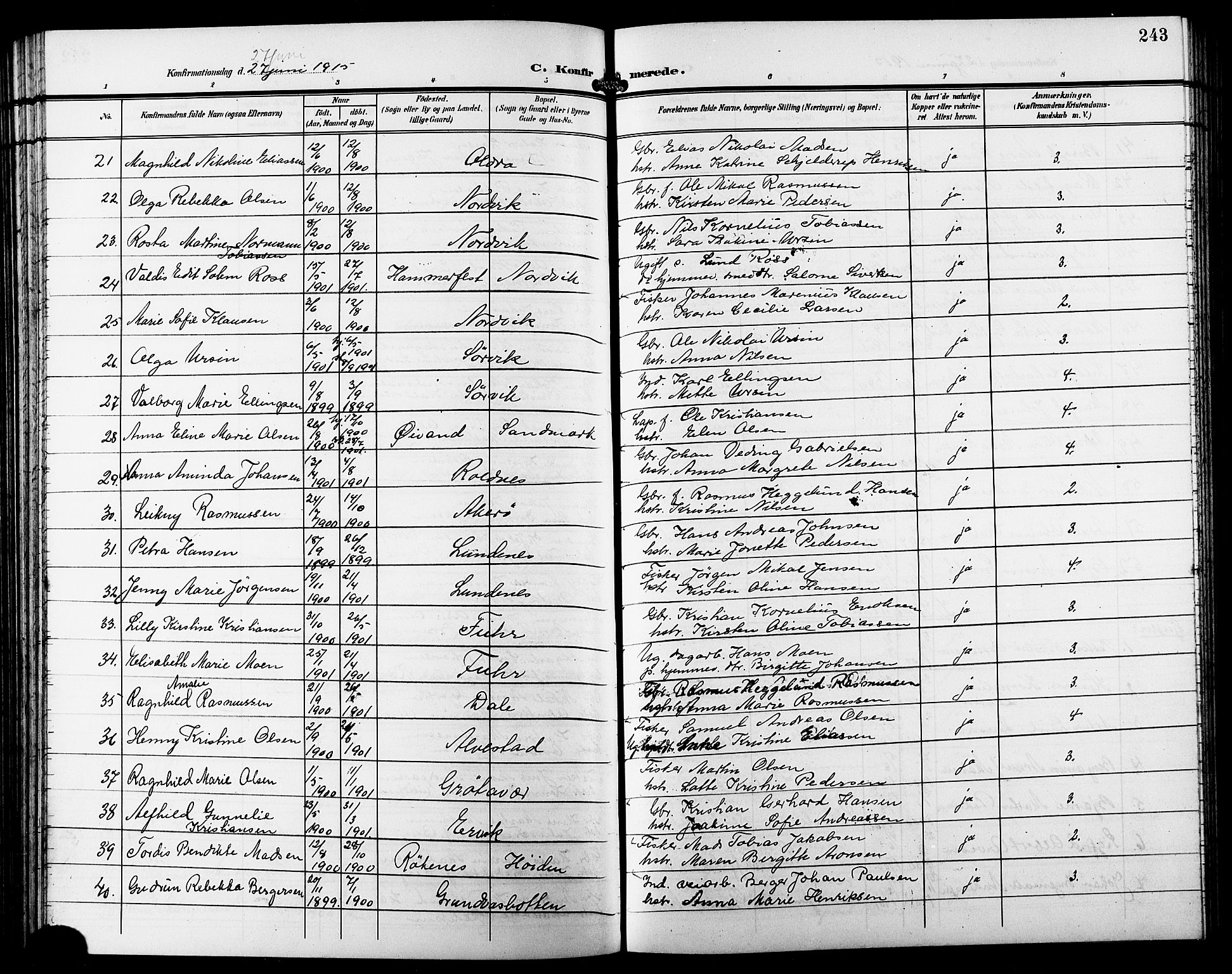 Trondenes sokneprestkontor, SATØ/S-1319/H/Hb/L0012klokker: Parish register (copy) no. 12, 1907-1916, p. 243