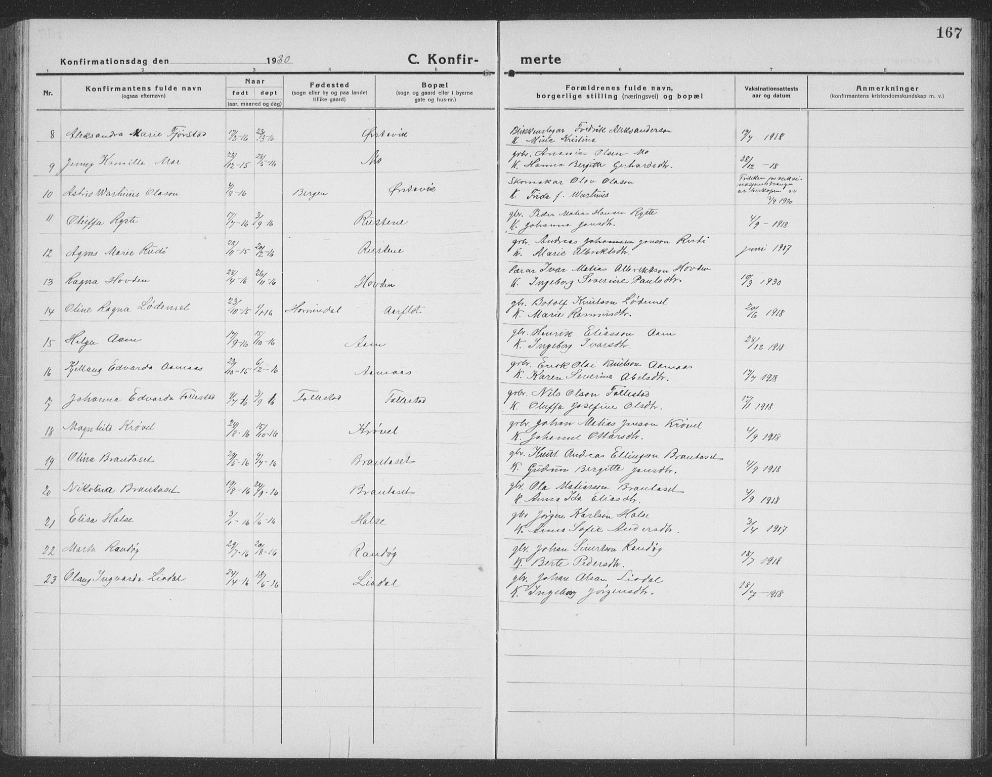 Ministerialprotokoller, klokkerbøker og fødselsregistre - Møre og Romsdal, SAT/A-1454/513/L0191: Parish register (copy) no. 513C05, 1920-1941, p. 167