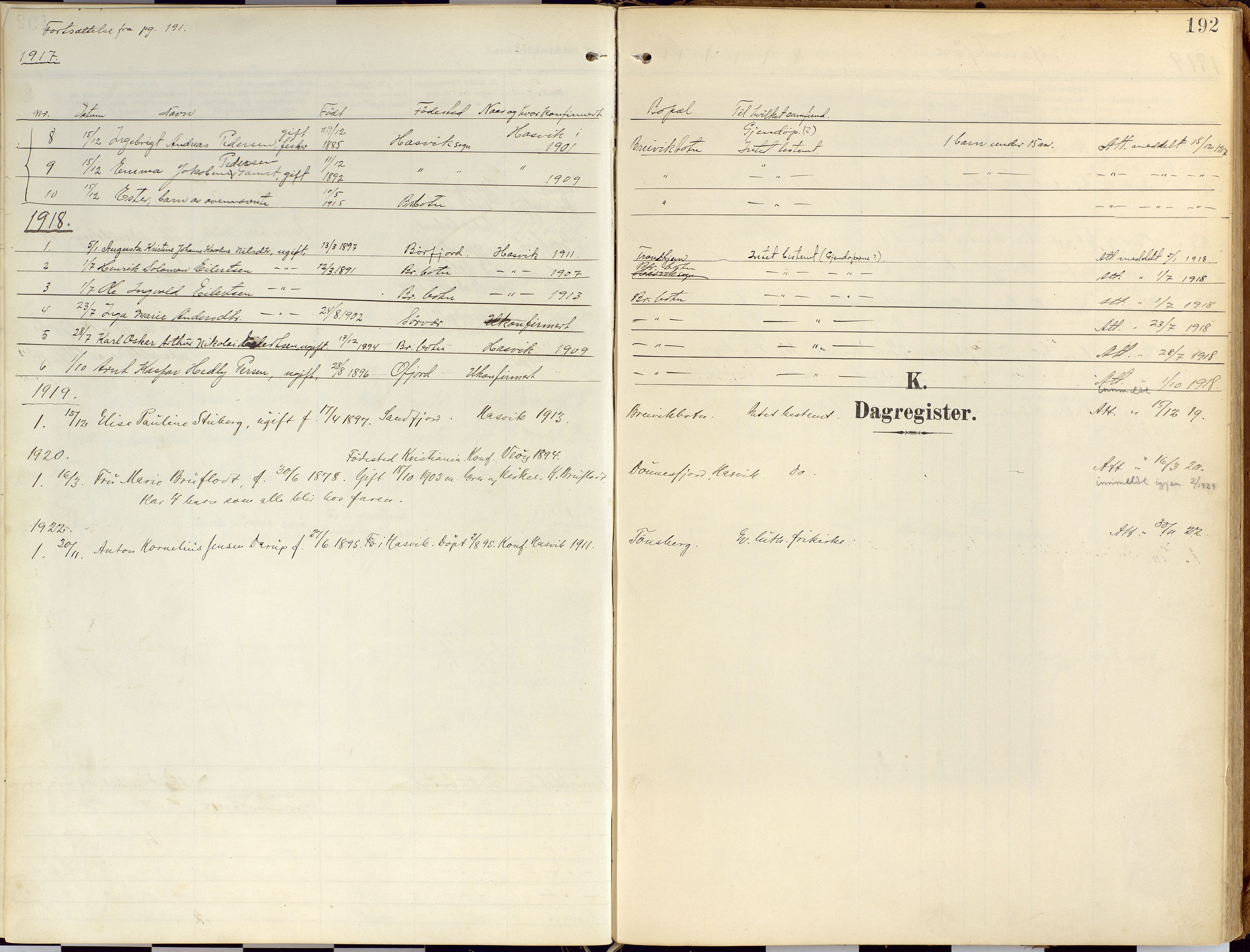 Loppa sokneprestkontor, SATØ/S-1339/H/Ha/L0010kirke: Parish register (official) no. 10, 1907-1922, p. 192