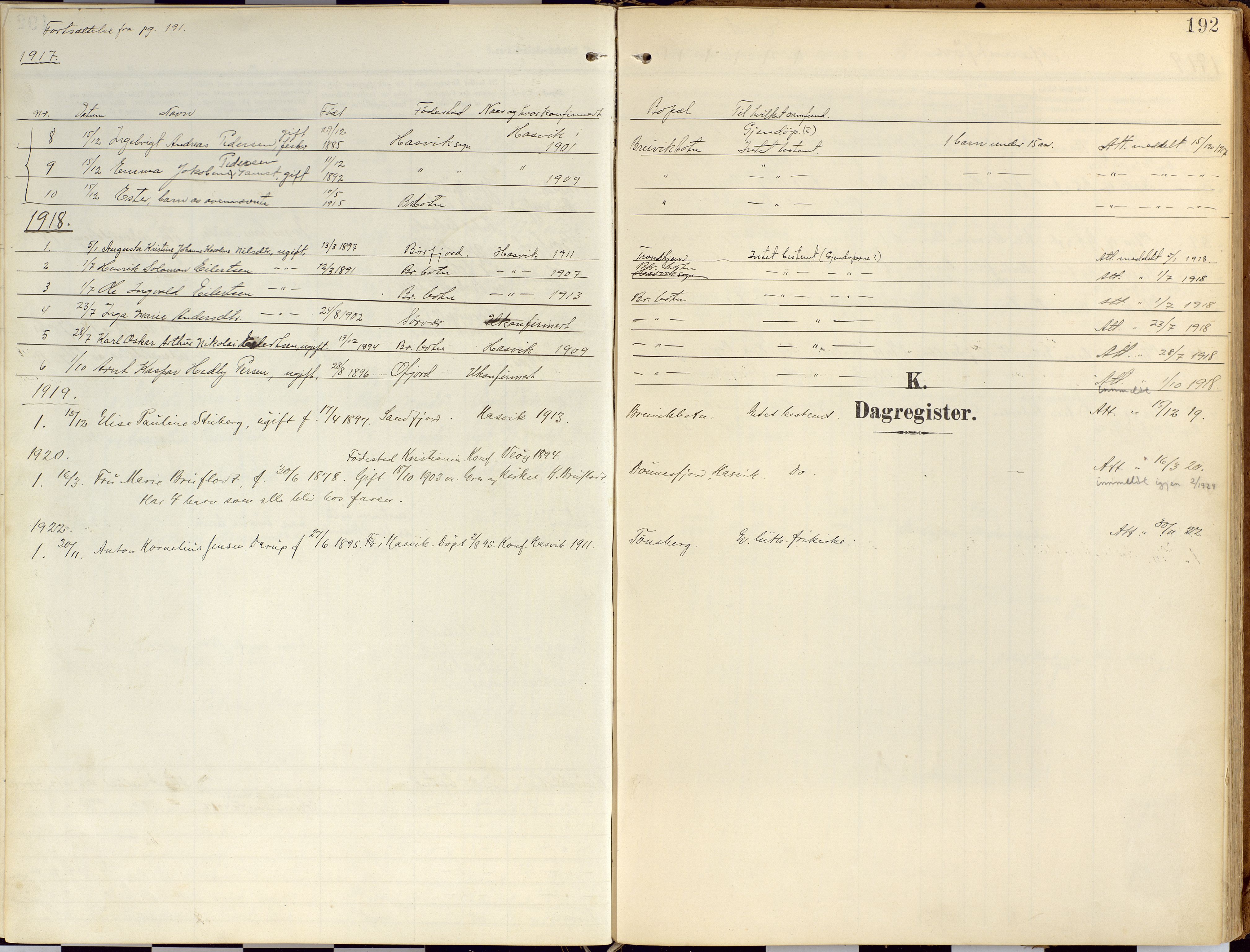 Loppa sokneprestkontor, AV/SATØ-S-1339/H/Ha/L0010kirke: Parish register (official) no. 10, 1907-1922, p. 192