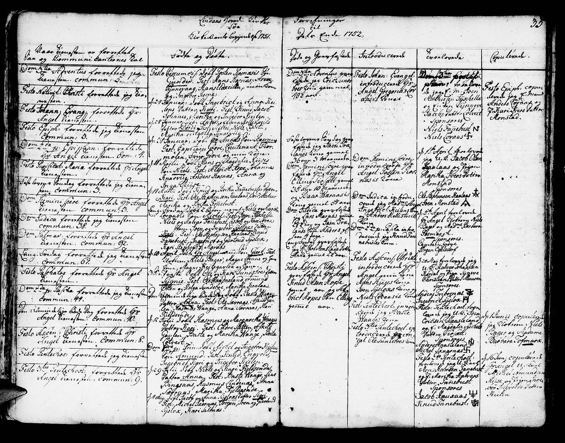 Lindås Sokneprestembete, AV/SAB-A-76701/H/Haa/Haaa/L0003: Parish register (official) no. A 3, 1748-1764, p. 35