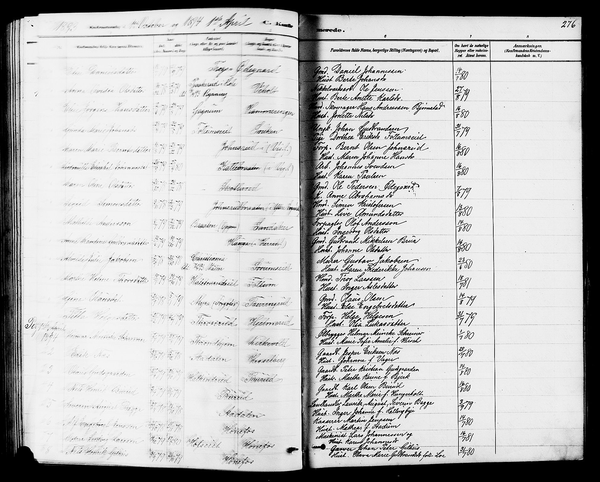 Norderhov kirkebøker, SAKO/A-237/G/Ga/L0008: Parish register (copy) no. I 8, 1887-1912, p. 276