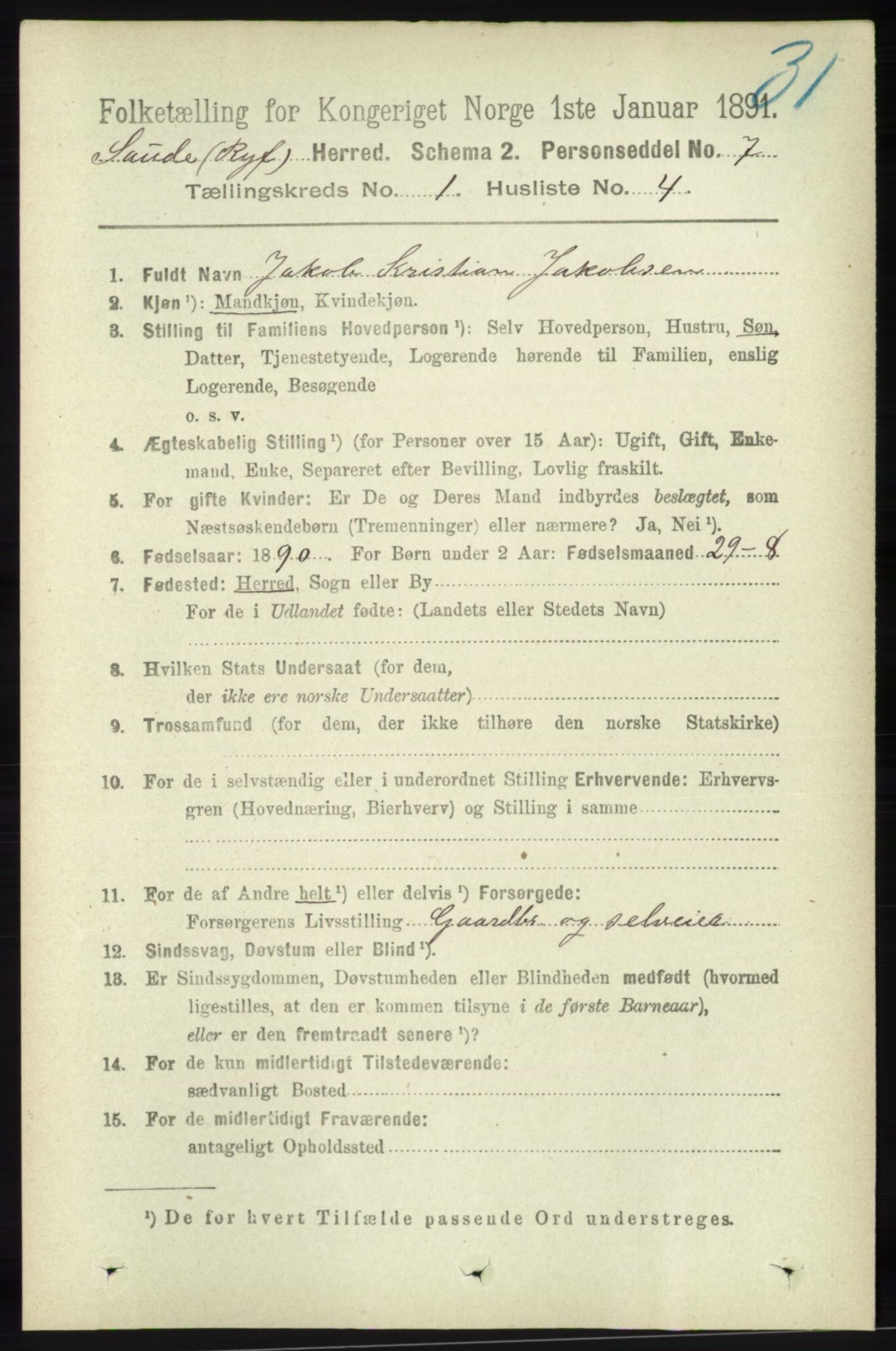RA, 1891 census for 1135 Sauda, 1891, p. 125