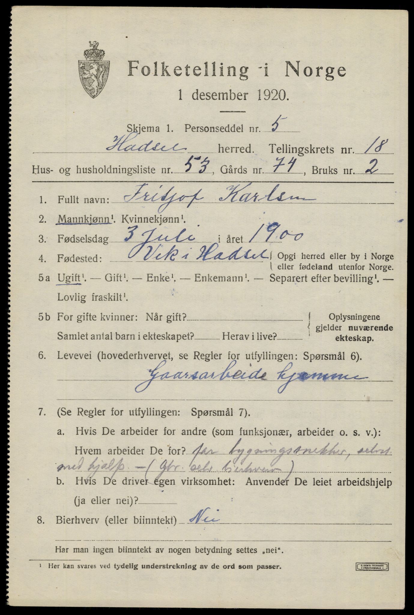 SAT, 1920 census for Hadsel, 1920, p. 17136