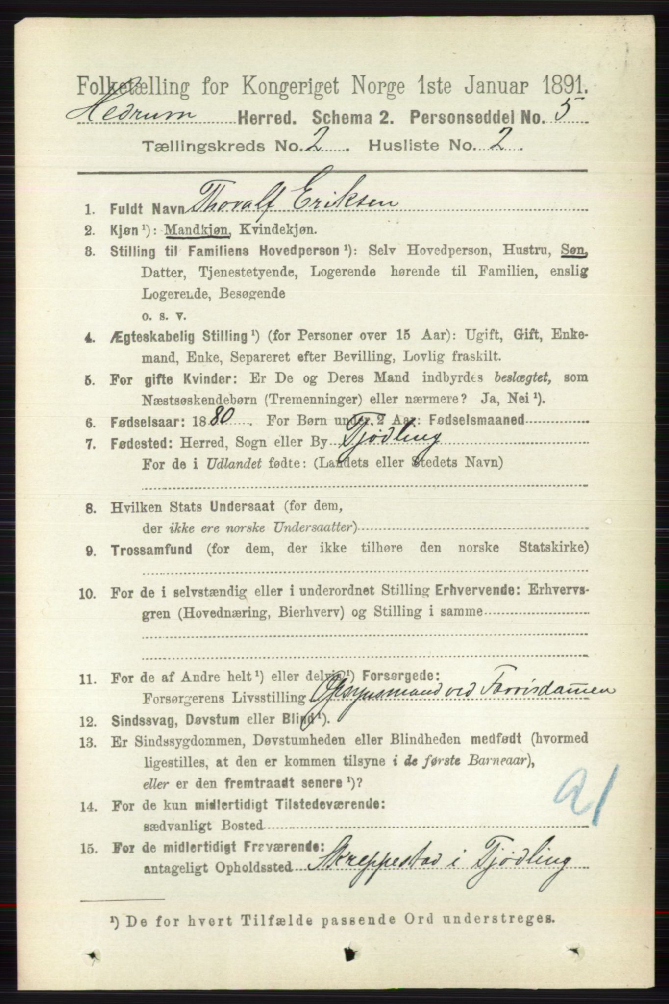 RA, 1891 census for 0727 Hedrum, 1891, p. 377