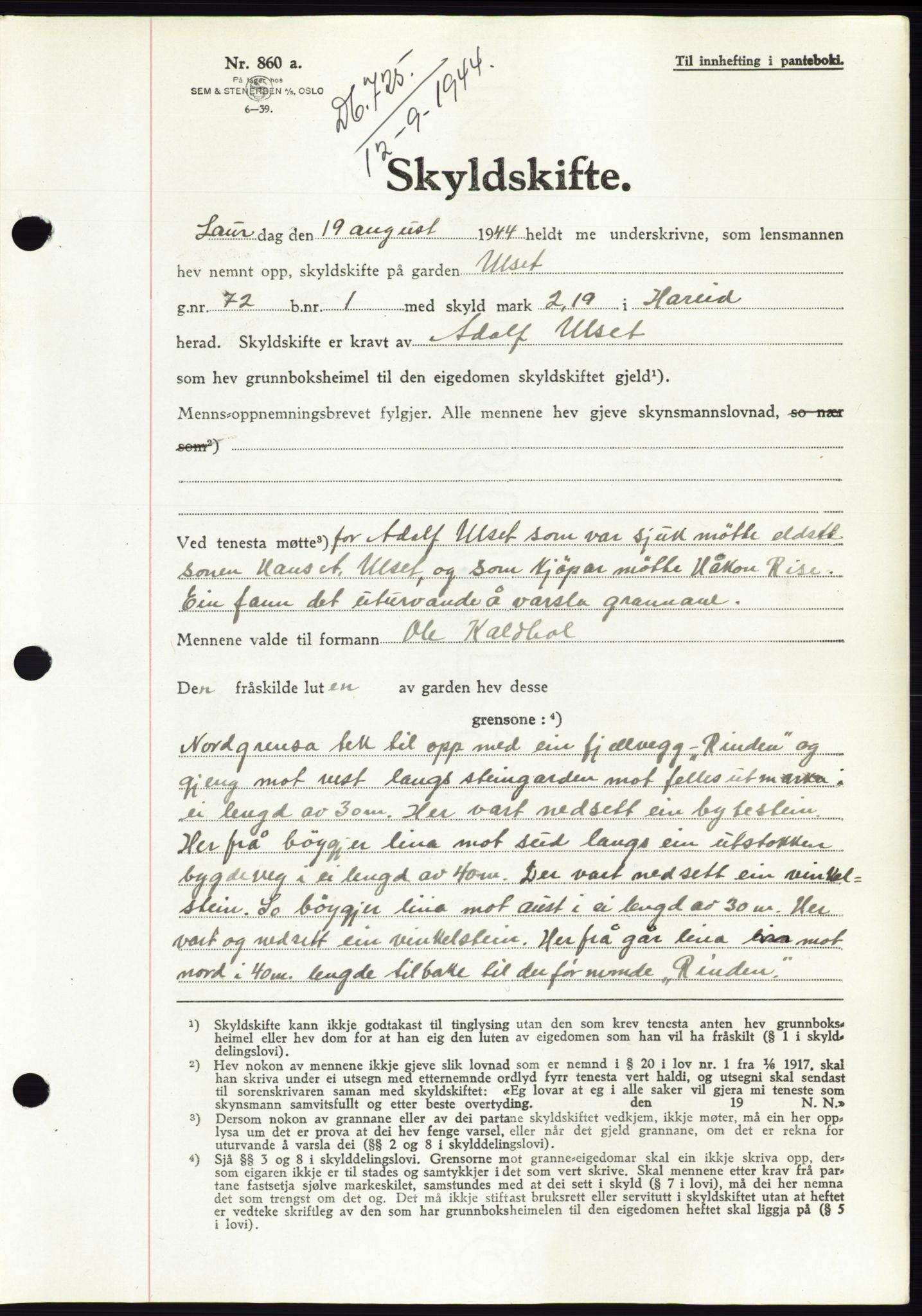 Søre Sunnmøre sorenskriveri, AV/SAT-A-4122/1/2/2C/L0076: Mortgage book no. 2A, 1943-1944, Diary no: : 725/1944