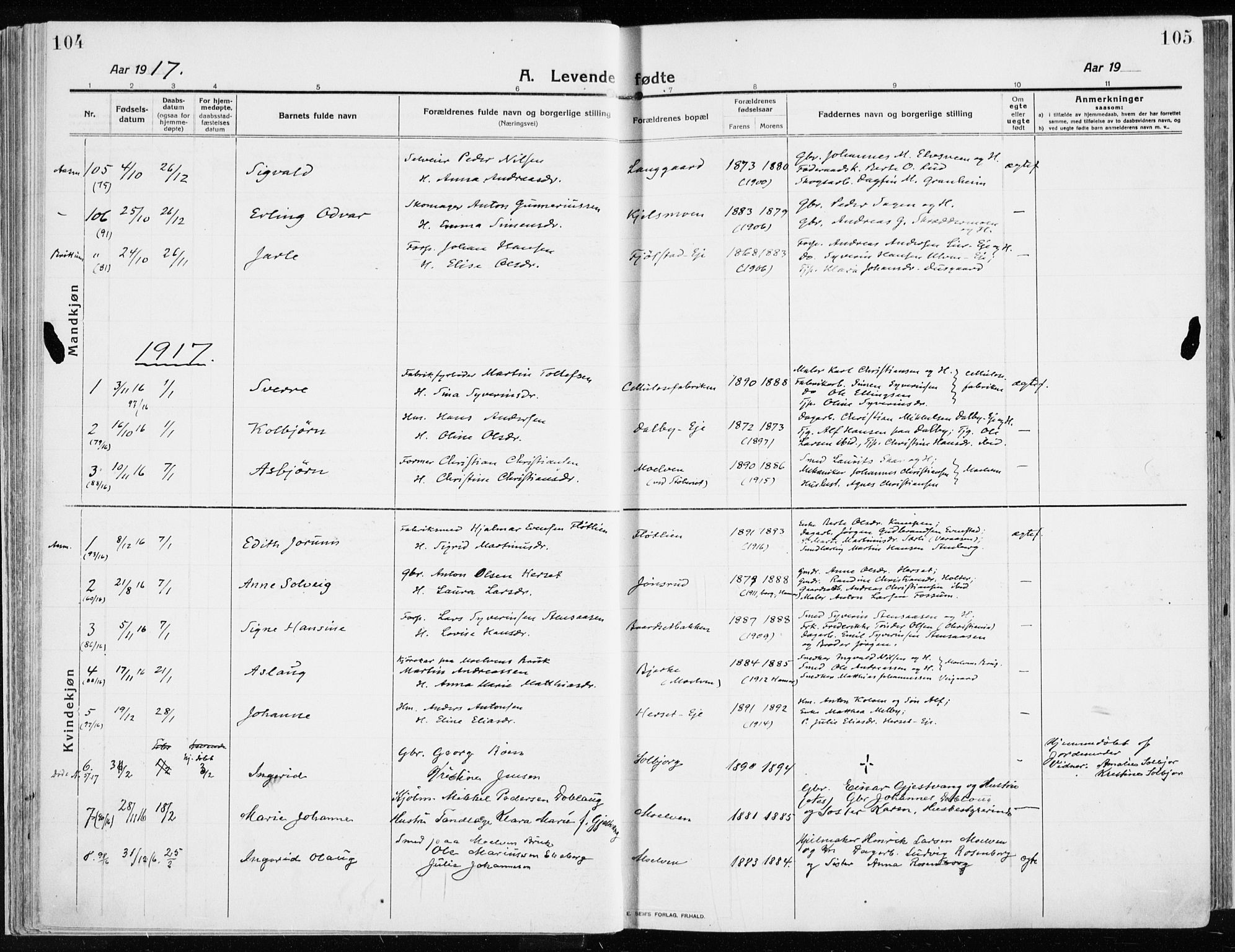 Ringsaker prestekontor, AV/SAH-PREST-014/K/Ka/L0020: Parish register (official) no. 20, 1913-1922, p. 104-105